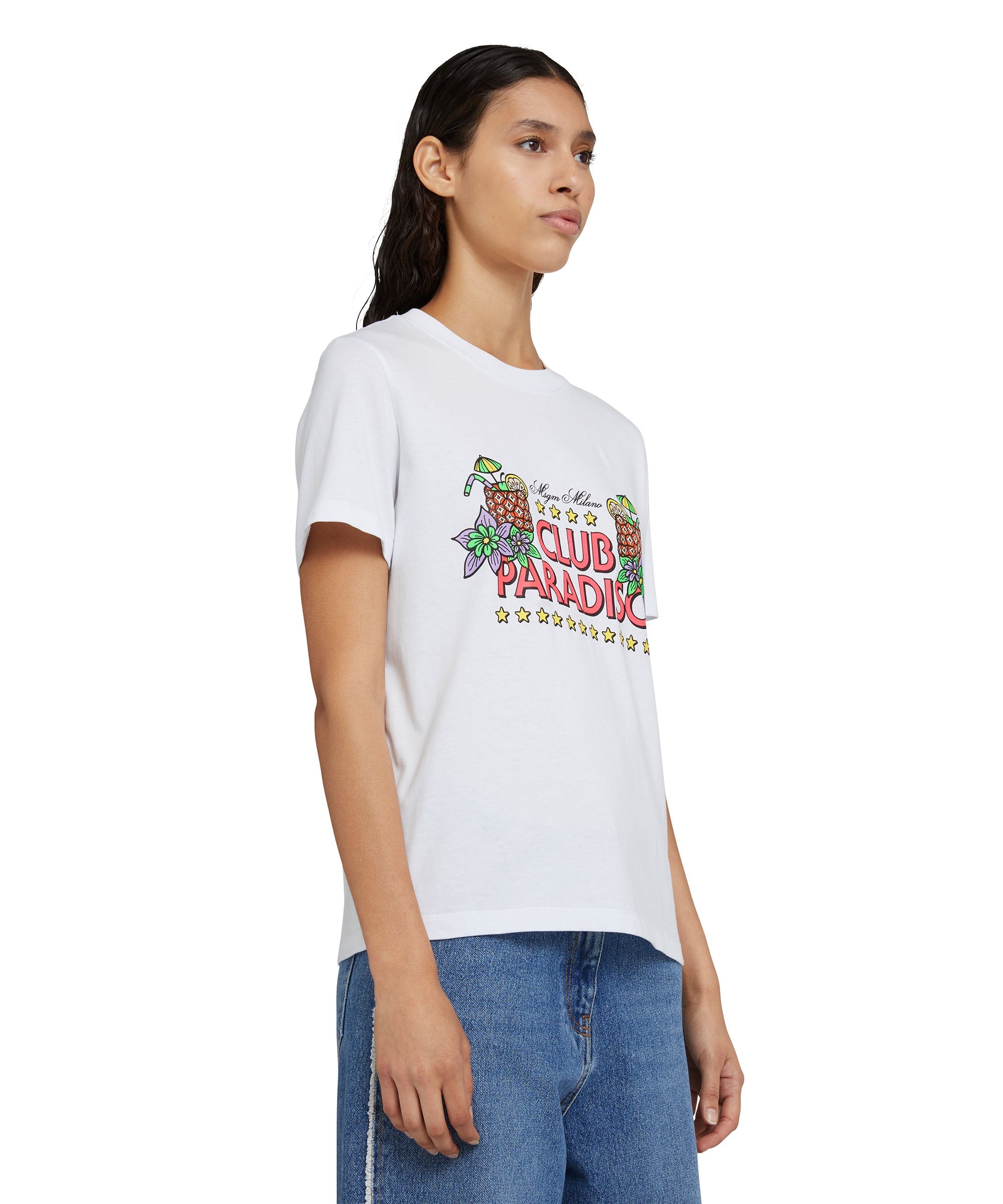 Solid color cotton crewneck t-shirt with "club paradiso" graphic - 4