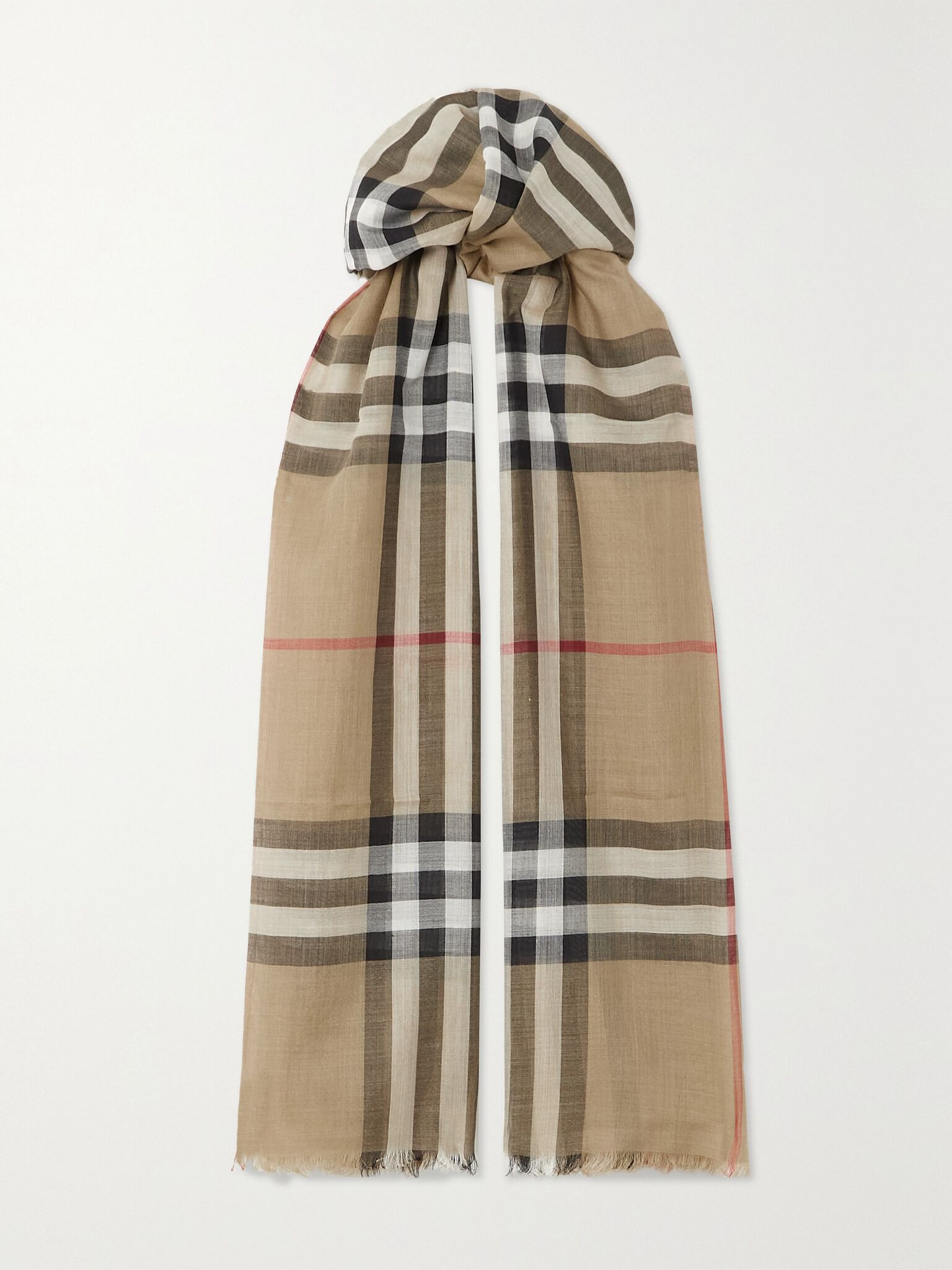 Fringed checked wool and silk-blend scarf Beige - 1