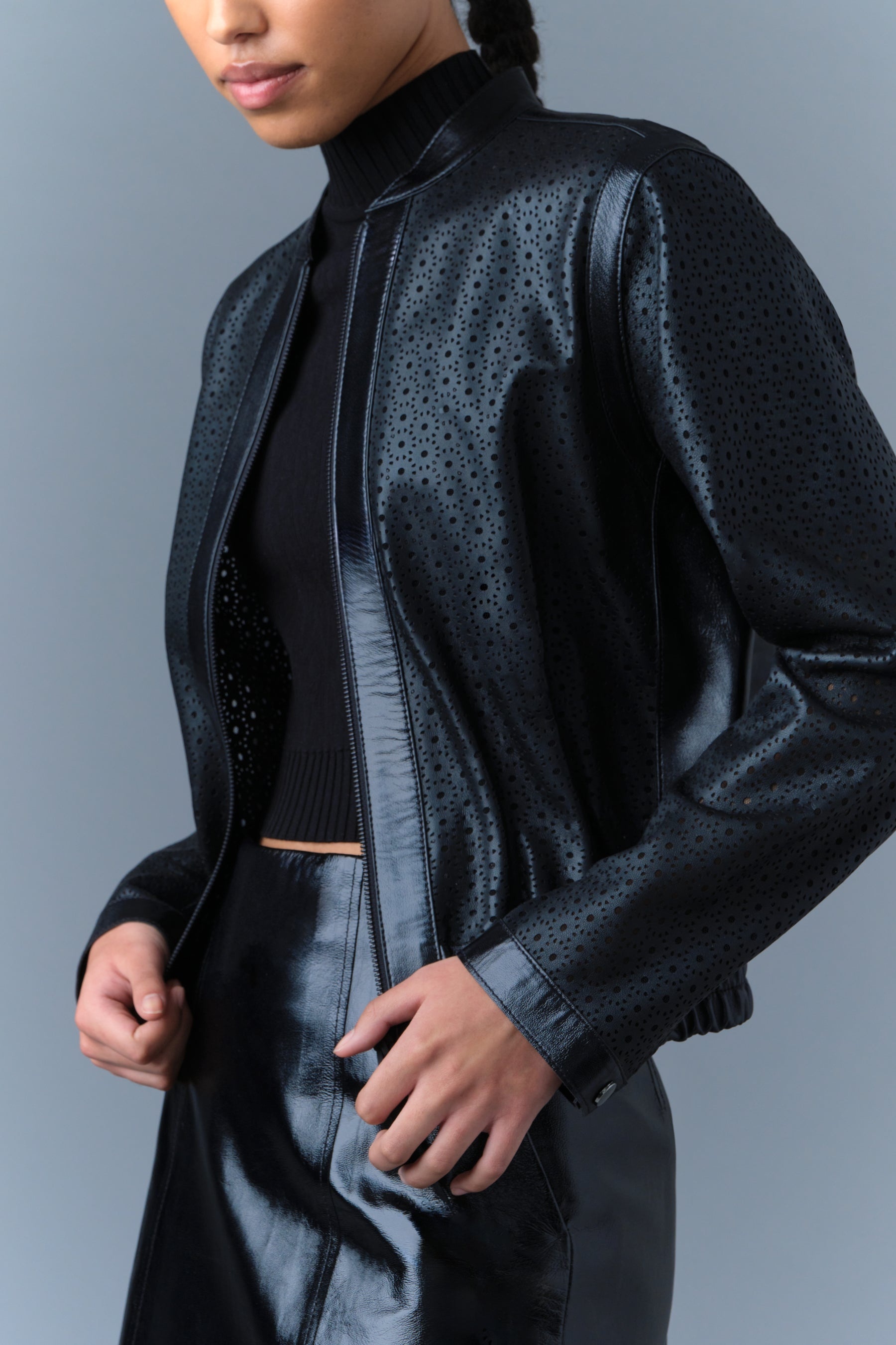 NOELIA Perforated Leather Bomber Jacket - 5