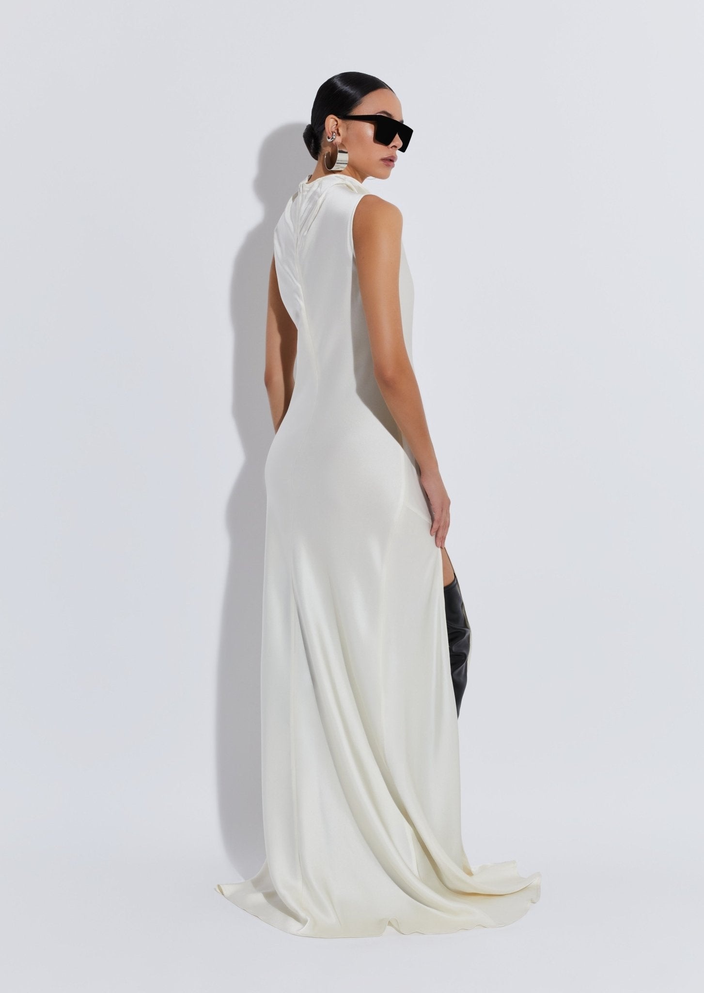 Satin Drape Neck Sleeveless Gown - 3