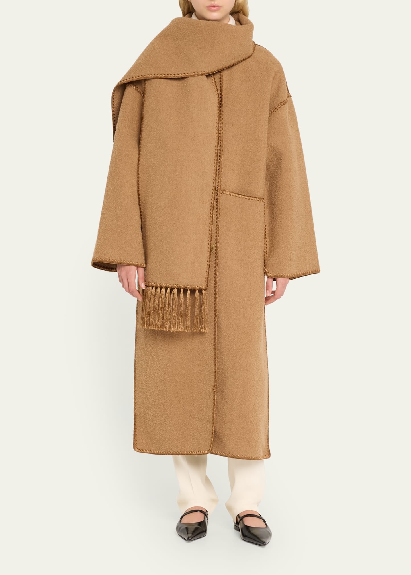 Fringe Embroidered Scarf Wool Coat - 2