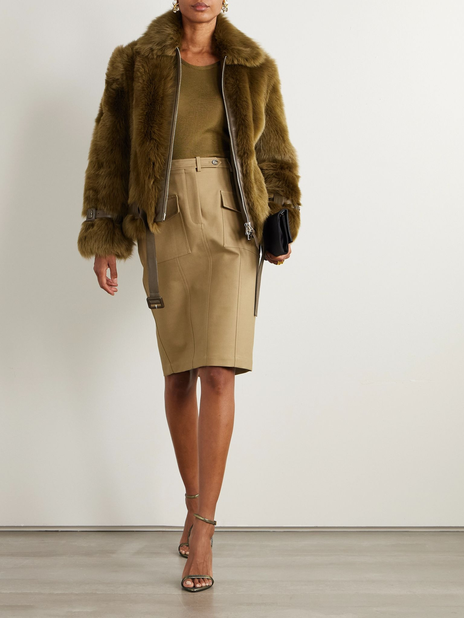Belted padded shearling jacket Dark green - 2