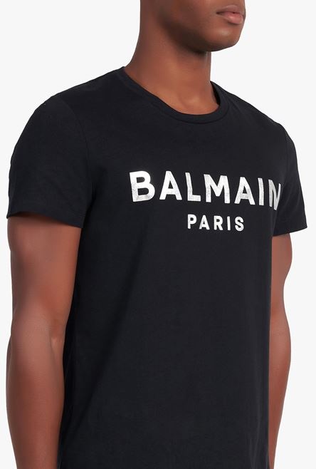 Black eco-designed cotton T-shirt with silver Balmain Paris logo print - 8