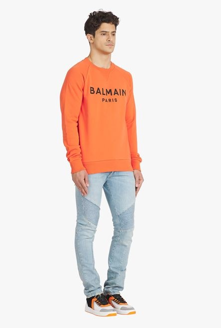 Orange cotton sweatshirt with black Balmain Paris logo print - 7