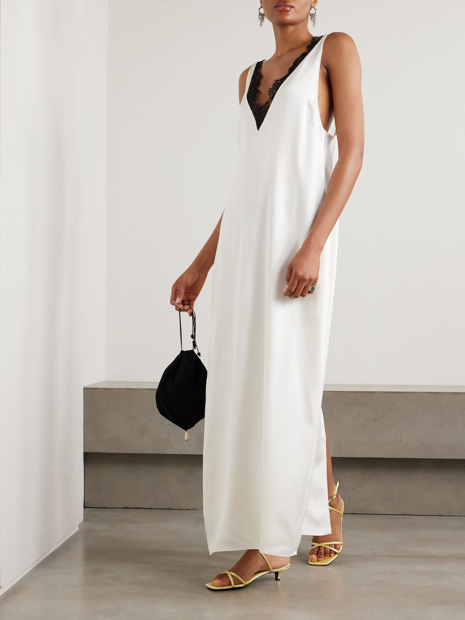 Lace-trimmed satin midi dress Ivory - 2