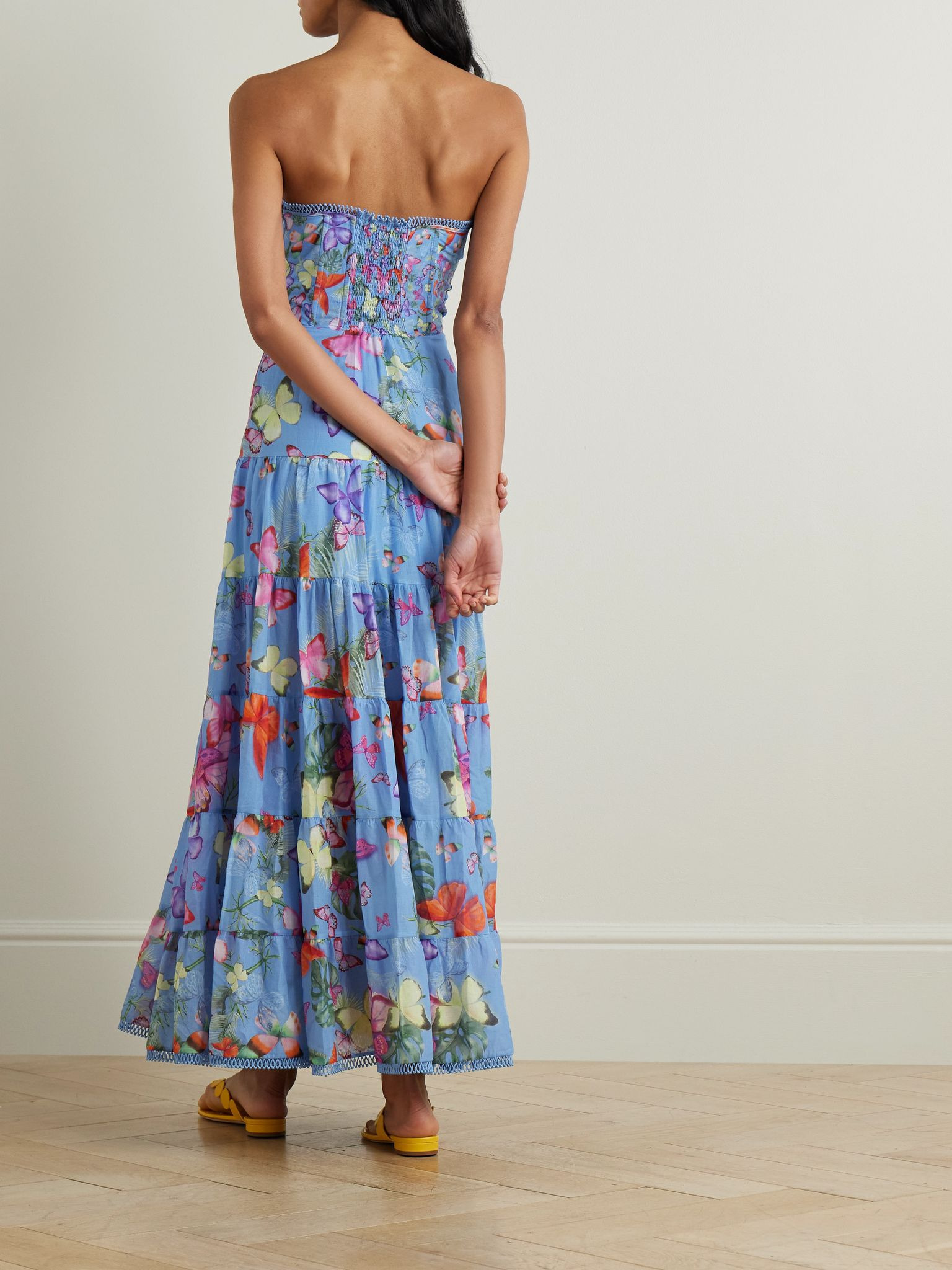 Danny strapless tiered printed cotton-blend maxi dress Blue - 3