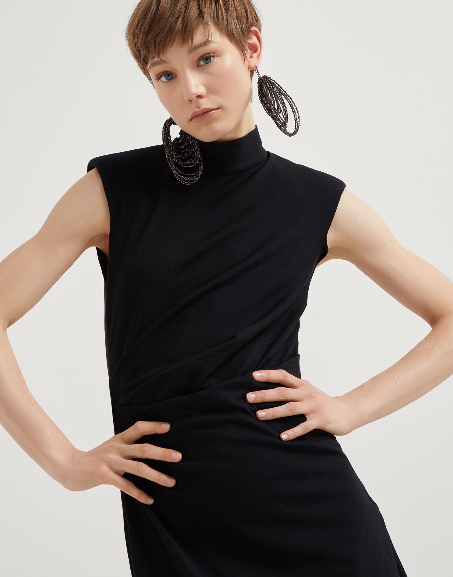 Stretch virgin wool jersey draped dress with shiny zipper pull - 4
