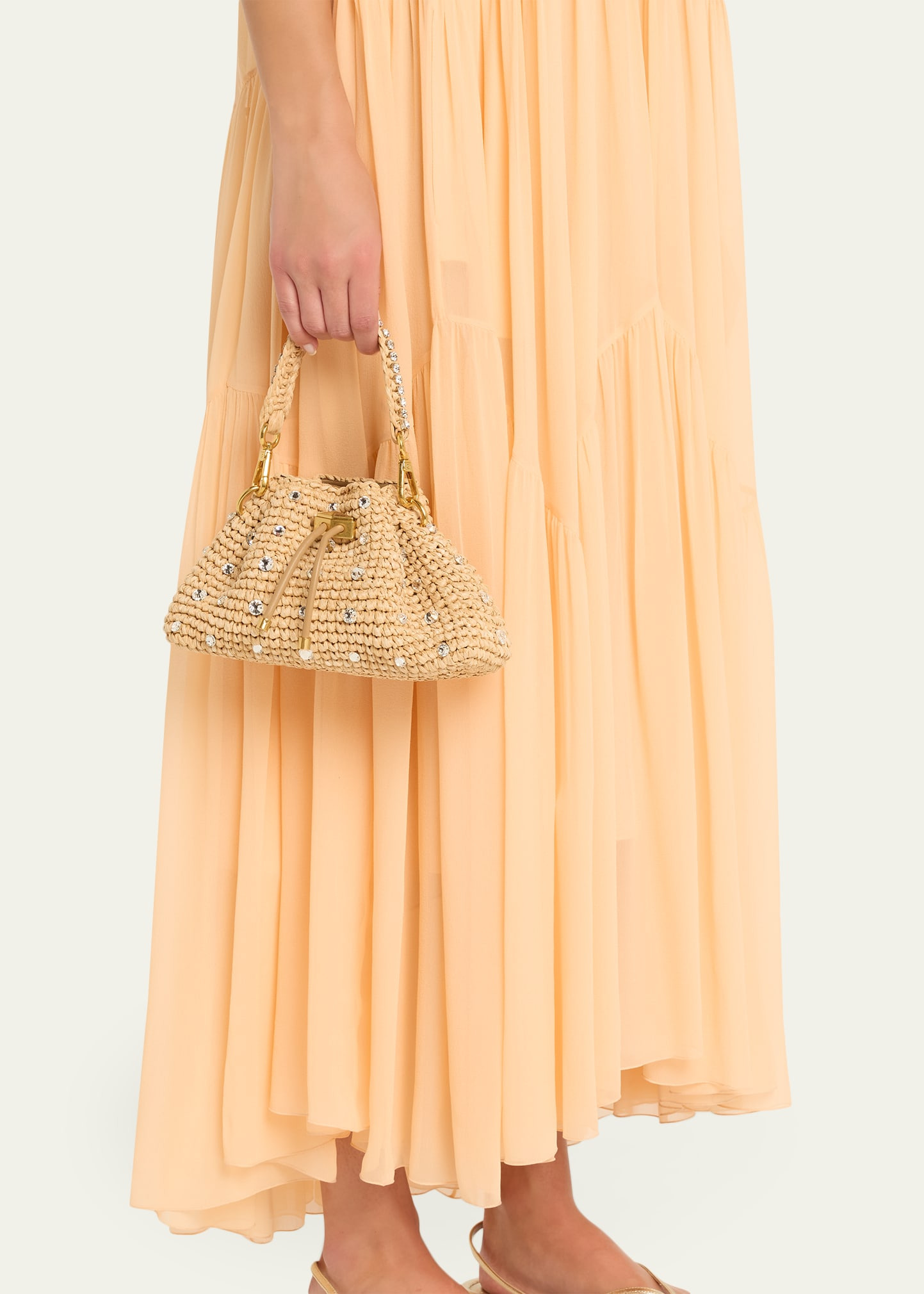 Cinch Small Crystal-Embellished Raffia Drawstring Top Handle Bag - 2