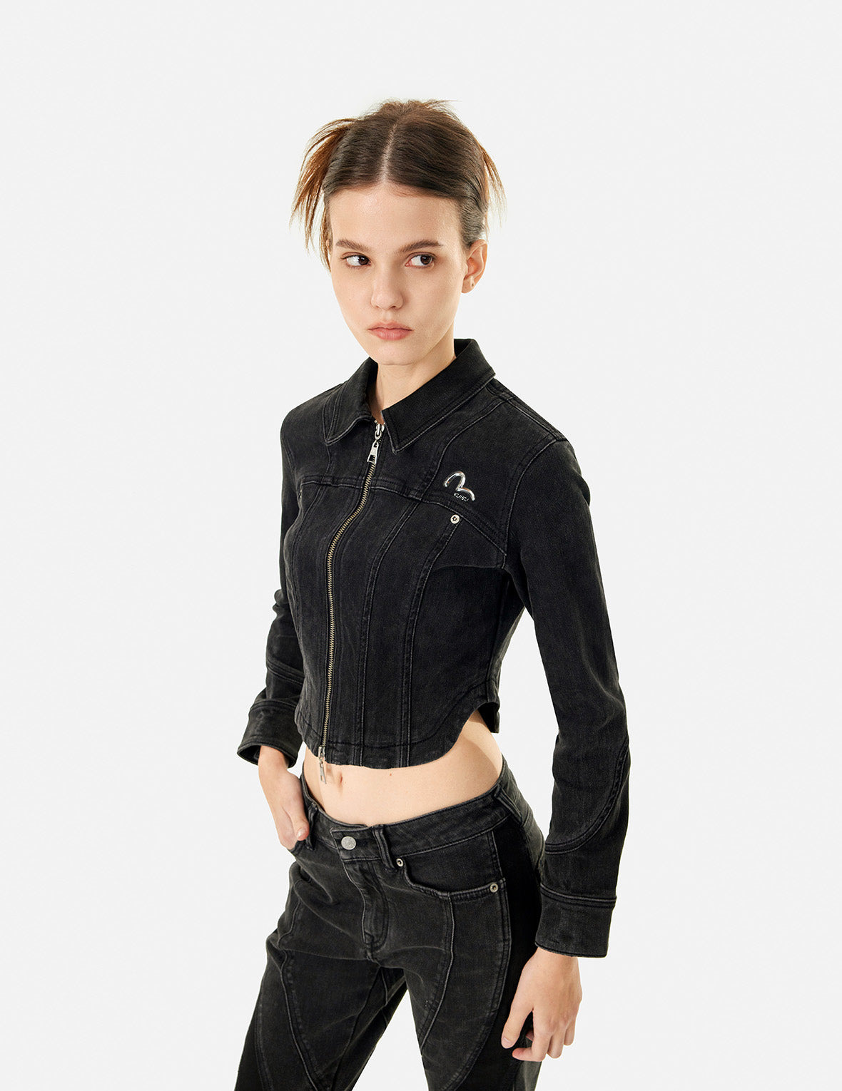 SEAGULL AND LOGO LASER PRINT FASHION FIT DENIM CORSET JACKET - 14