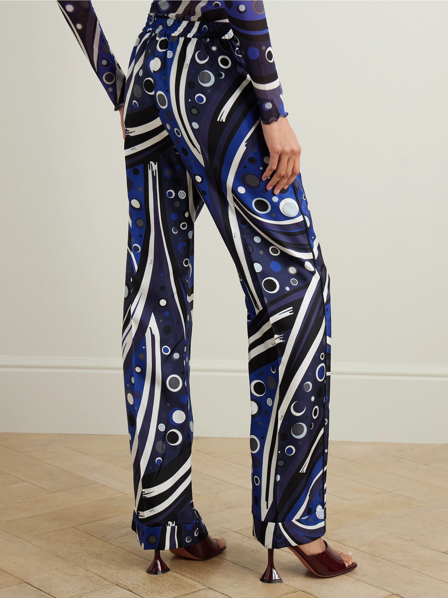 Printed silk-twill straight-leg pants Navy - 3
