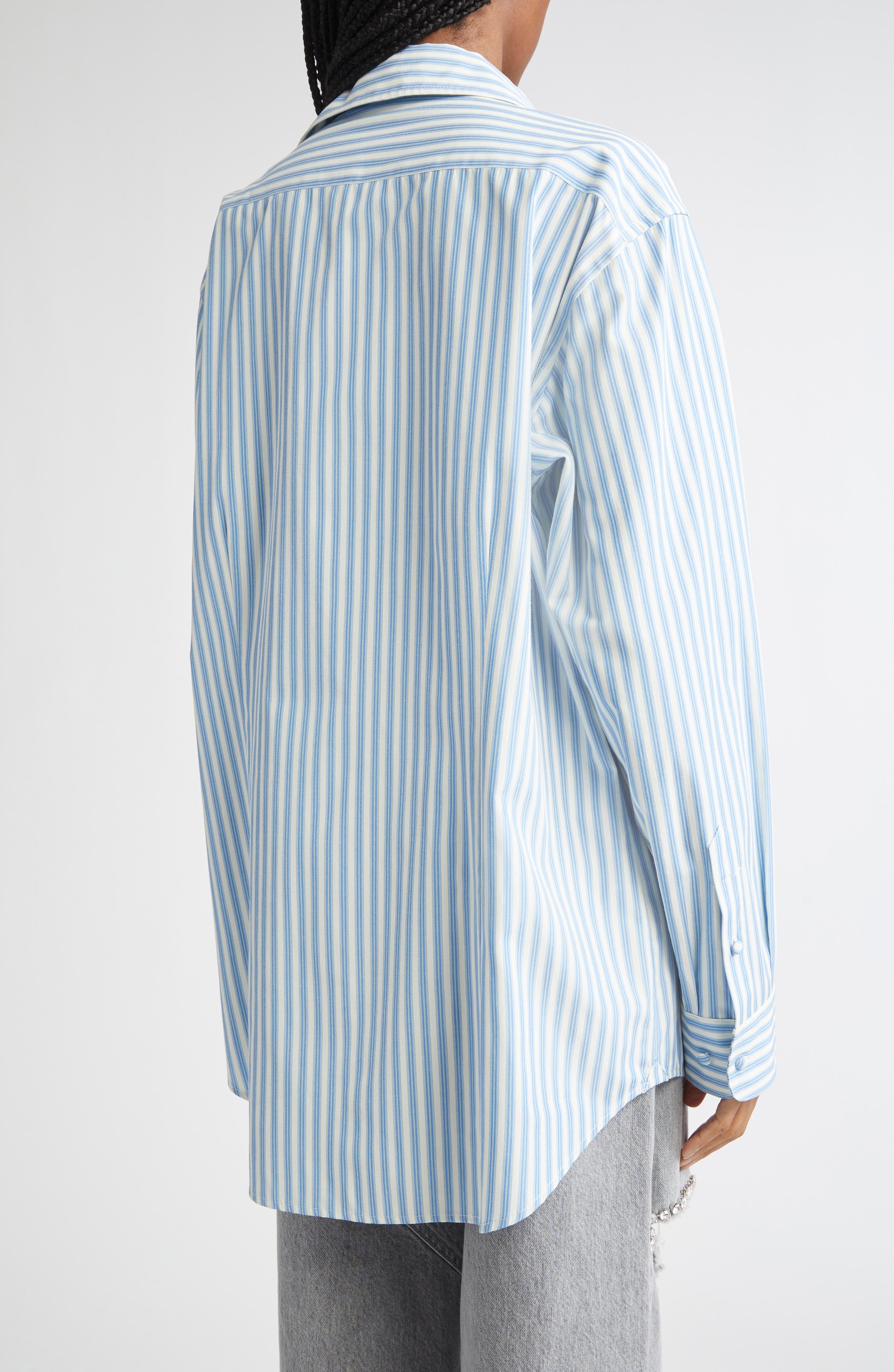 Area Crystal Embellished & Grommet Stripe Poplin Button-Up Shirt in White/Blue at Nordstrom - 3