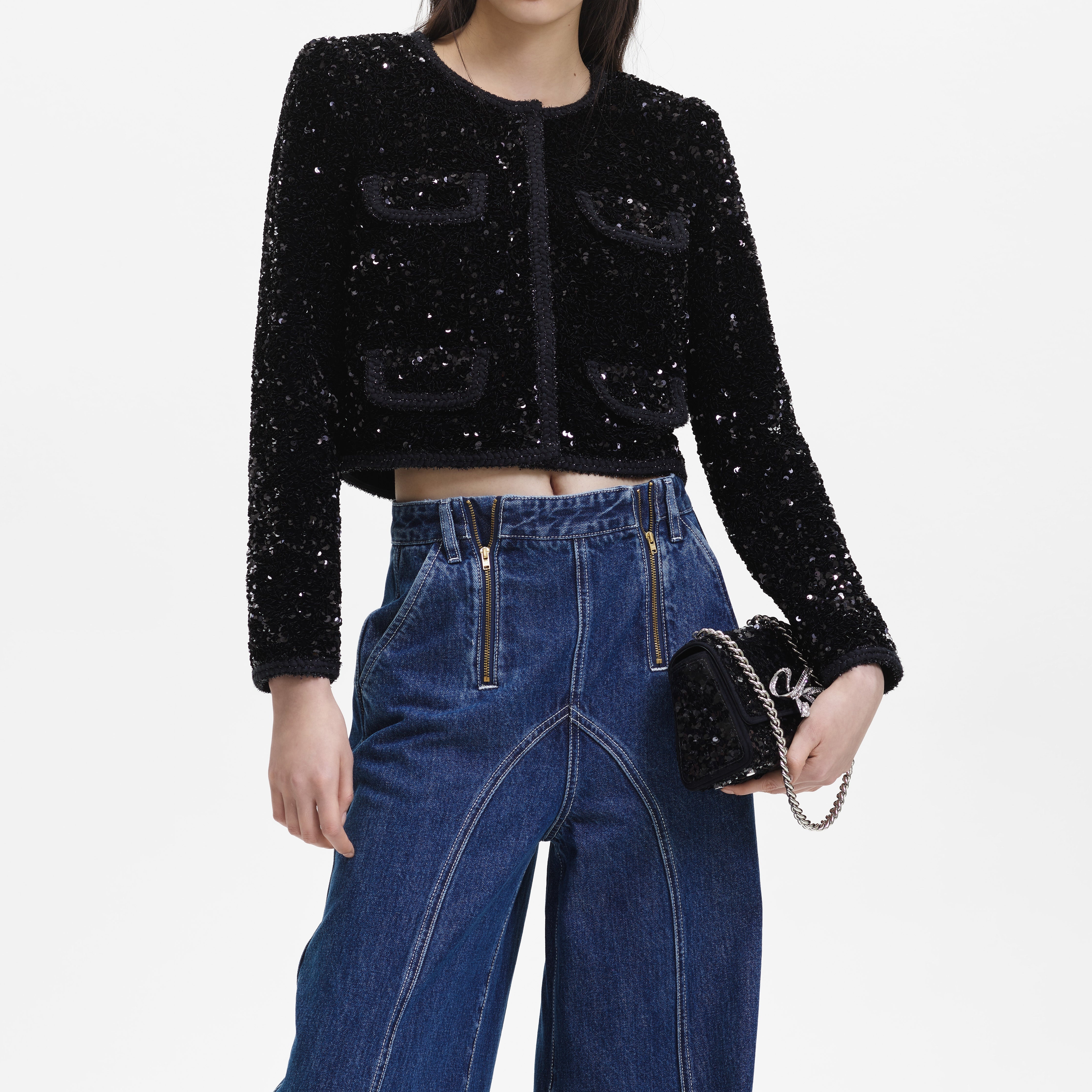 Black Sequin Cropped Jacket - 4