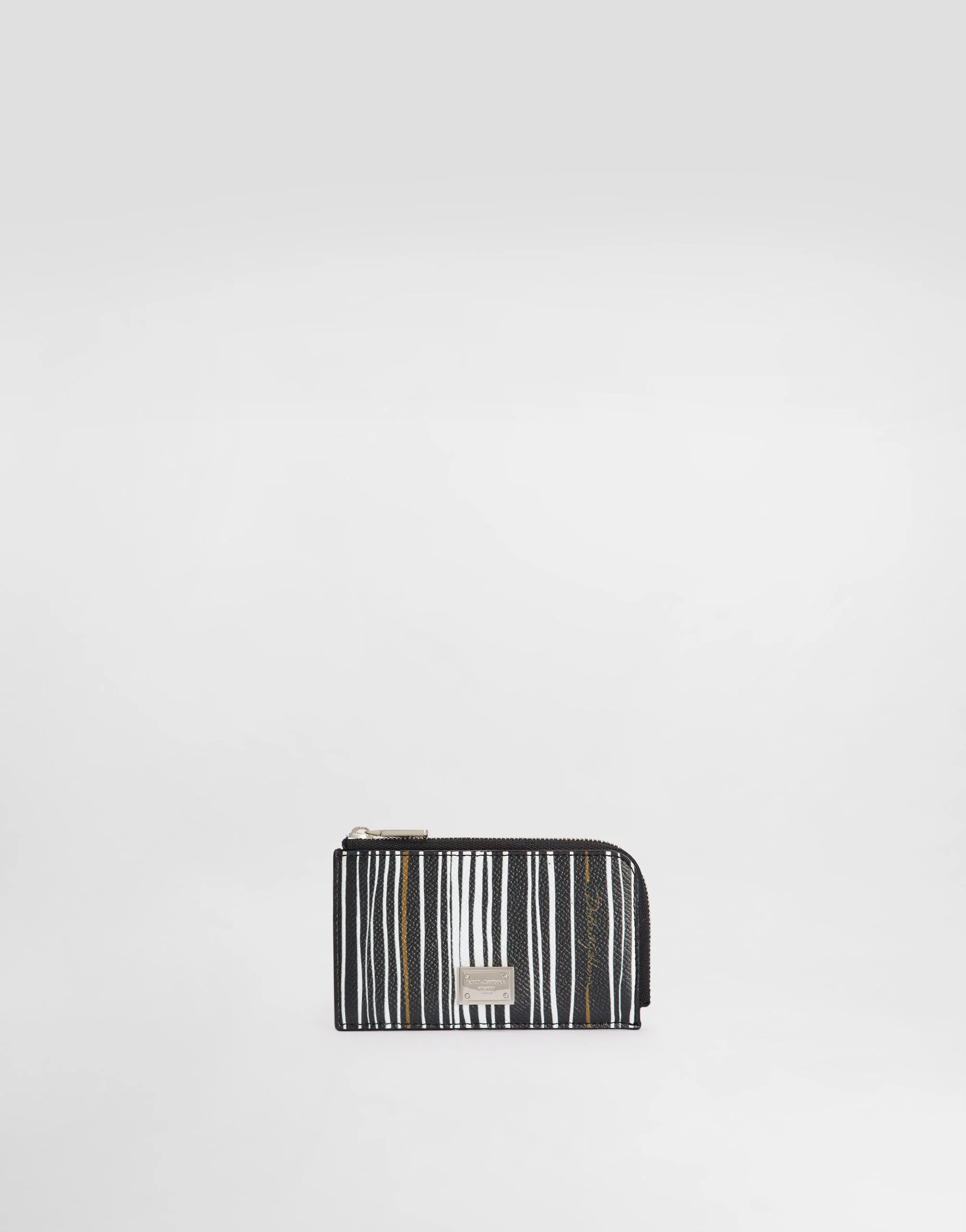 Stripe-print card holder in calfskin - 1