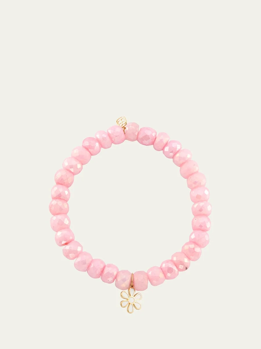 14K Gold Daisy on Pink Grapolite Beaded Bracelet - 1