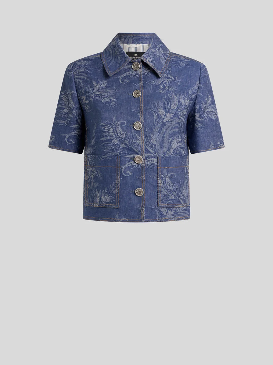 COTTON AND LINEN JACQUARD DENIM SHIRT WITH SHORT SLEEVES AND LEAFY PAISLEY MOTIF - 1
