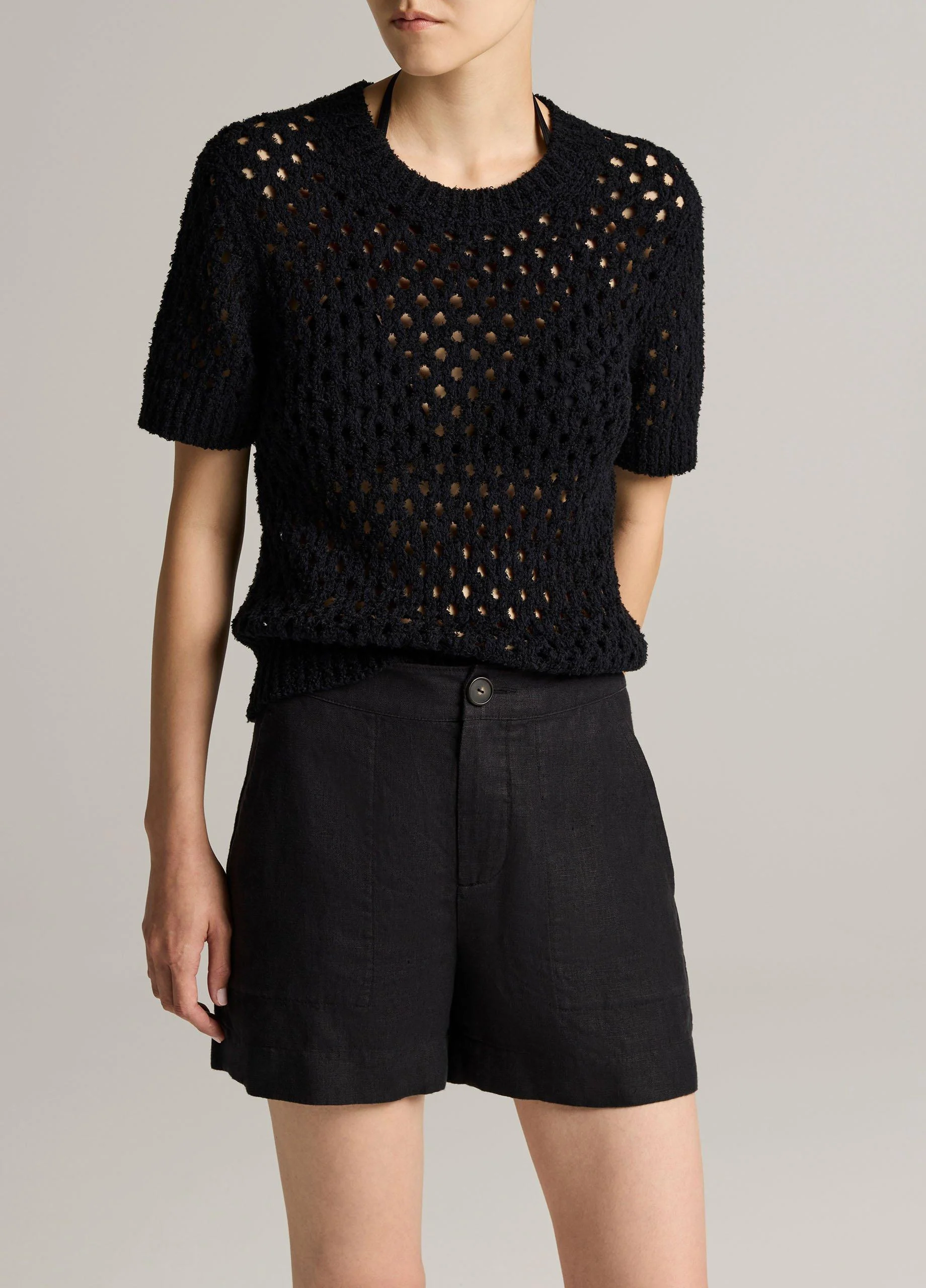 Honeycomb Italian Cotton & Linen-Blend Short-Sleeve Sweater - 1