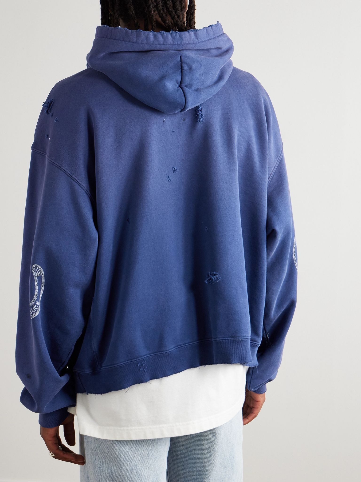 Chateau Ranch Distressed Paint-Splattered Logo-Print Supima Cotton-Jersey Hoodie Blue - 3