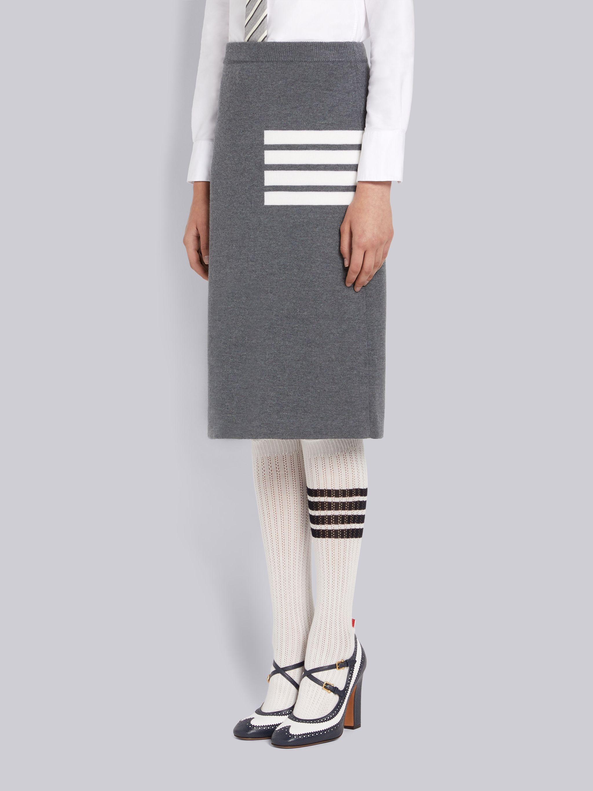 Medium Grey Double Face Fine Merino Wool 4-Bar A-line Knee Length Skirt - 2