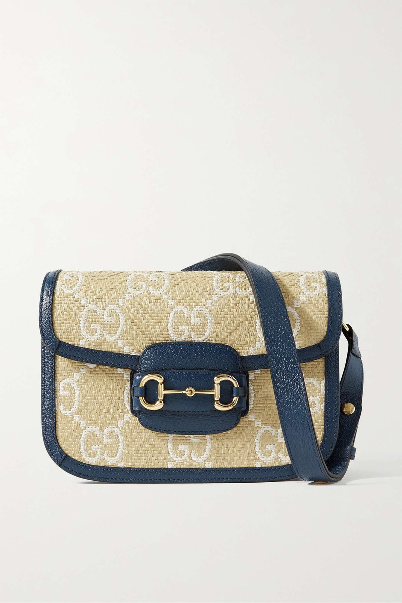 Horsebit 1955 leather-trimmed raffia shoulder bag - 1