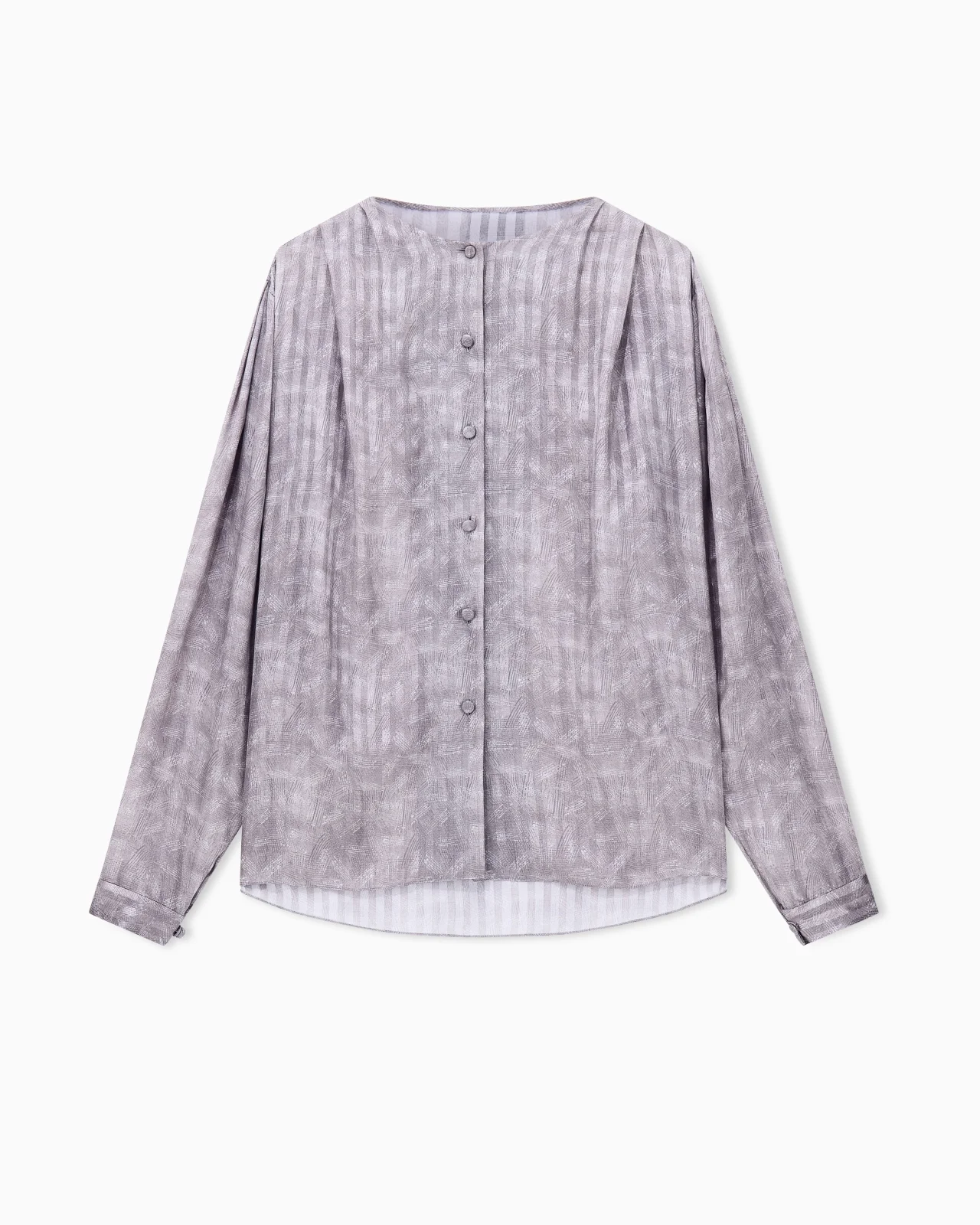 BLOUSE COLLARLESS PRINTED SILK SHOULDER PLEATS WIDE STRIPES - 1