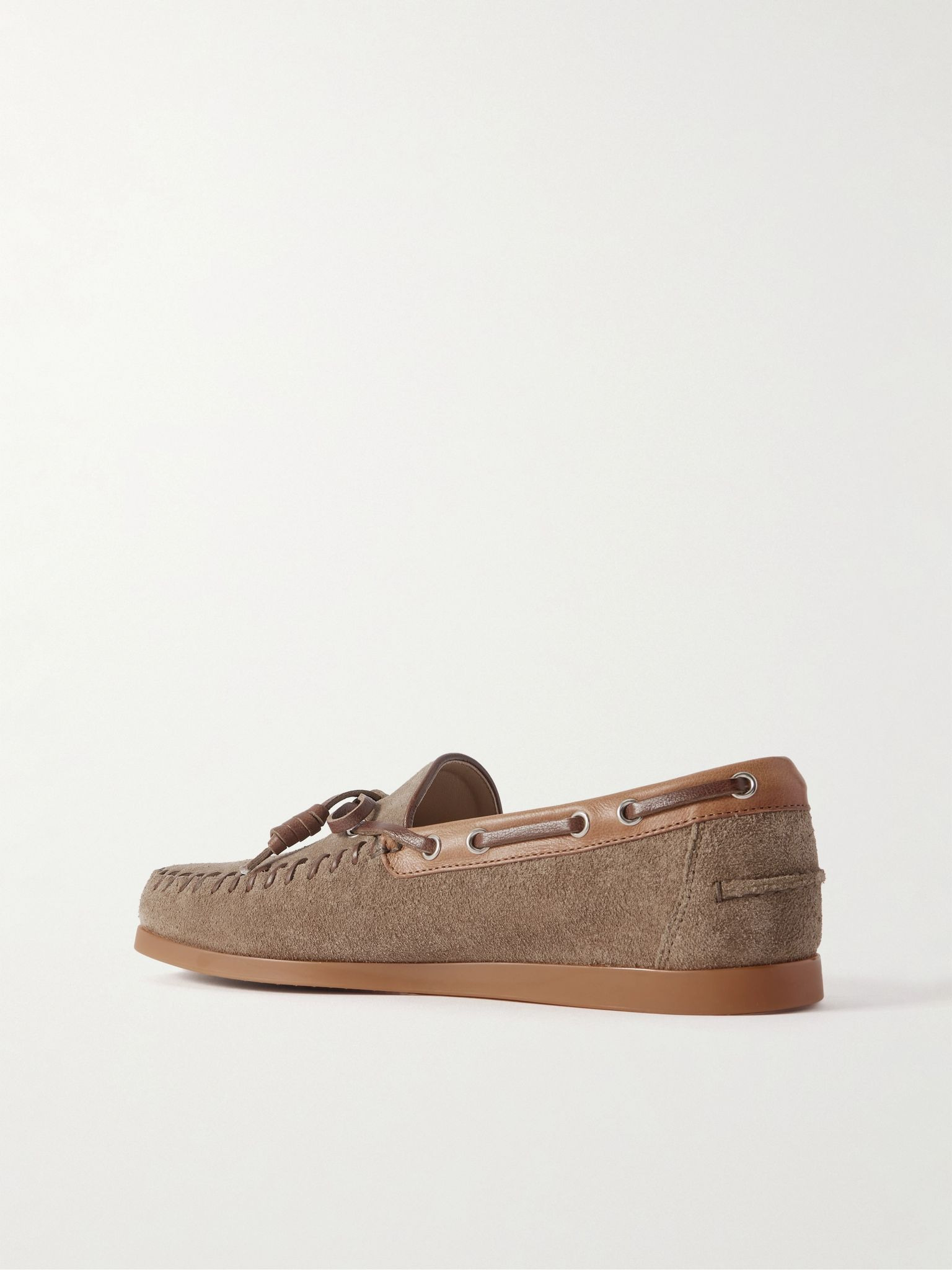 Logo-Embellished Leather-Trimmed Suede Boat Shoes Brown - 4