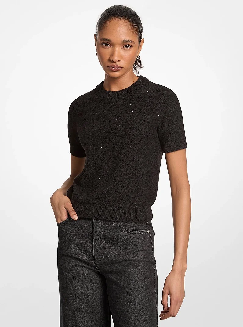 Embellished Knit Short-Sleeve Sweater - 1