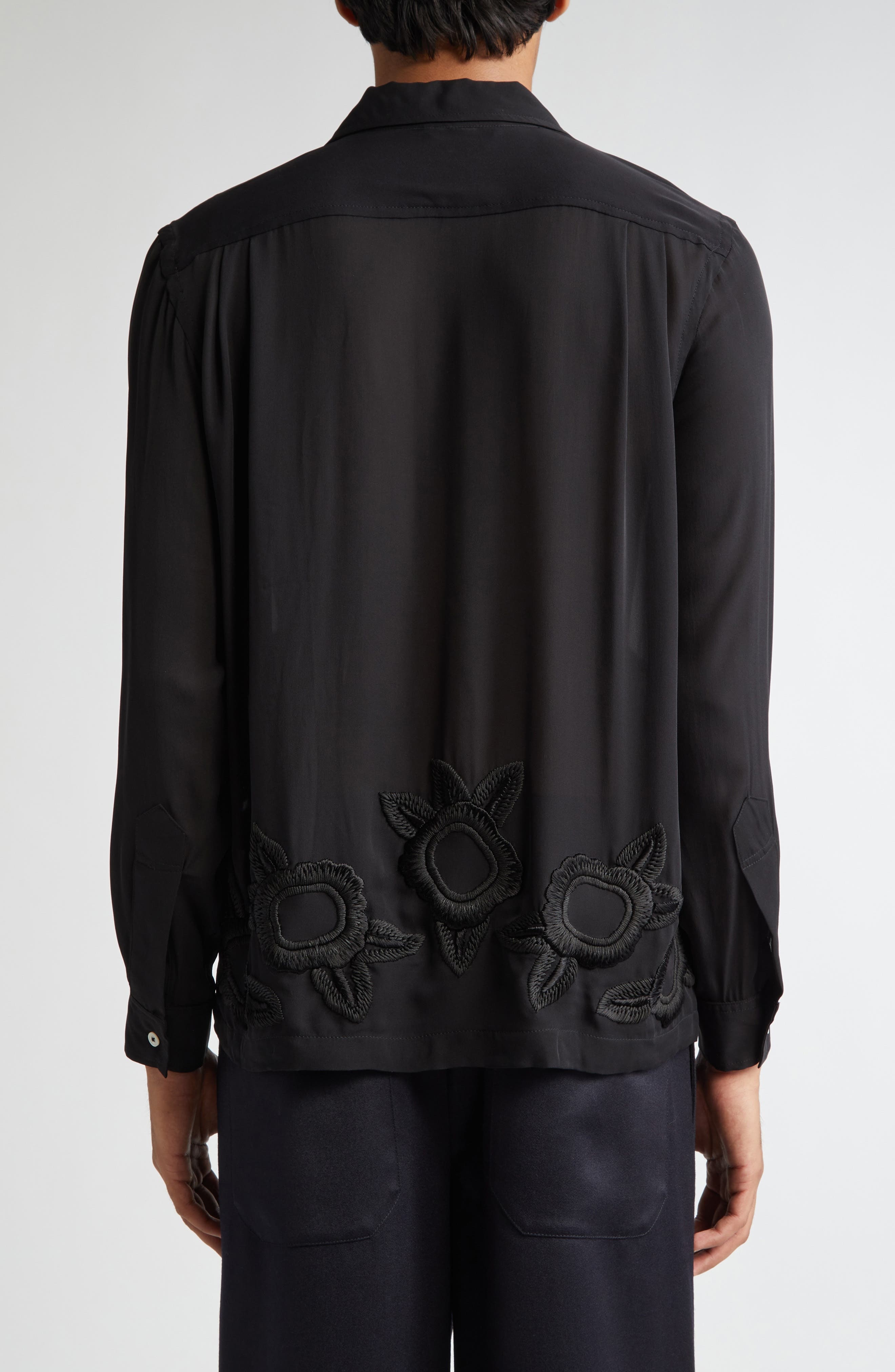 Bode Midnight Daffodil Long Sleeve Silk Button-Up Shirt in Black at Nordstrom - 3