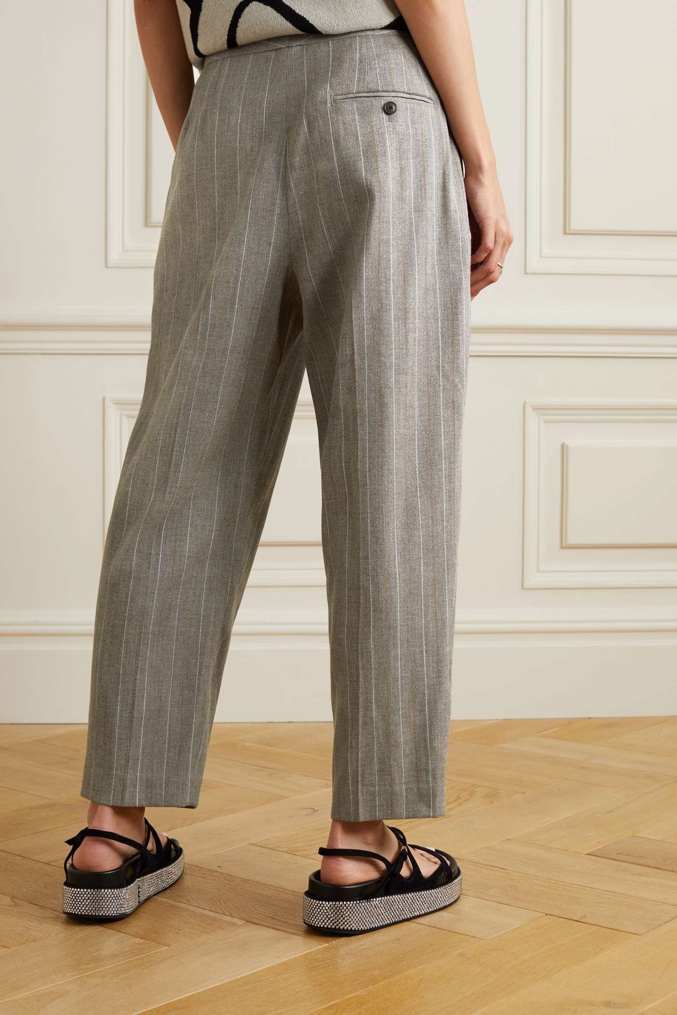 Cropped pleated pinstriped wool and cotton-blend tapered pants - 3