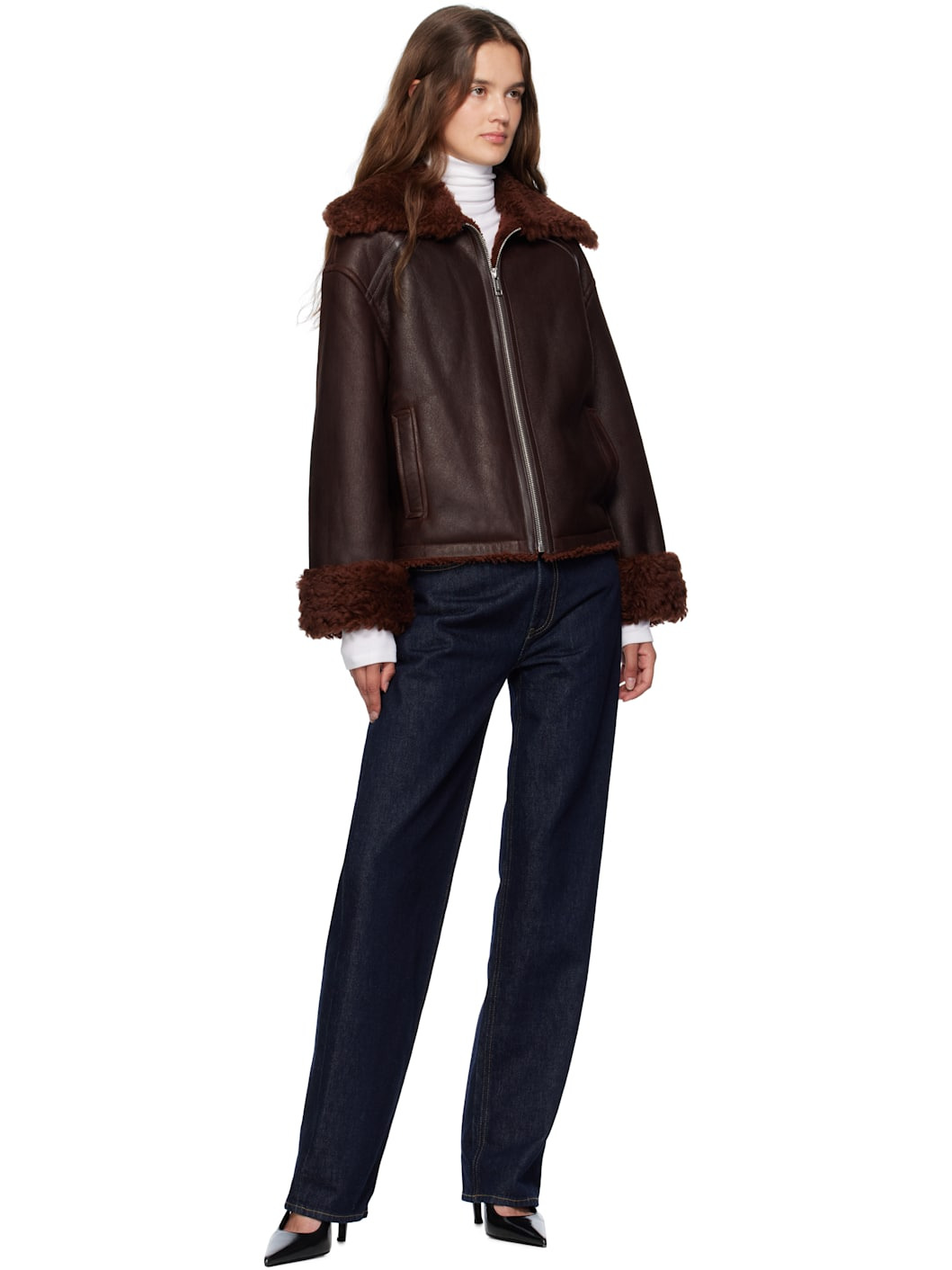 Burgundy Zip Shearling Jacket - 4