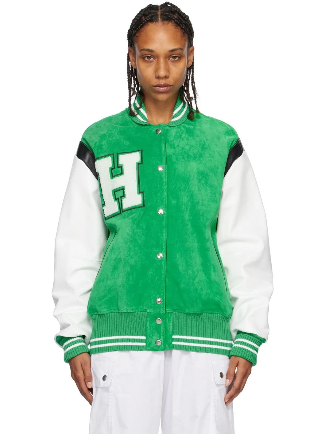Green & White Paneled Bomber Jacket - 1