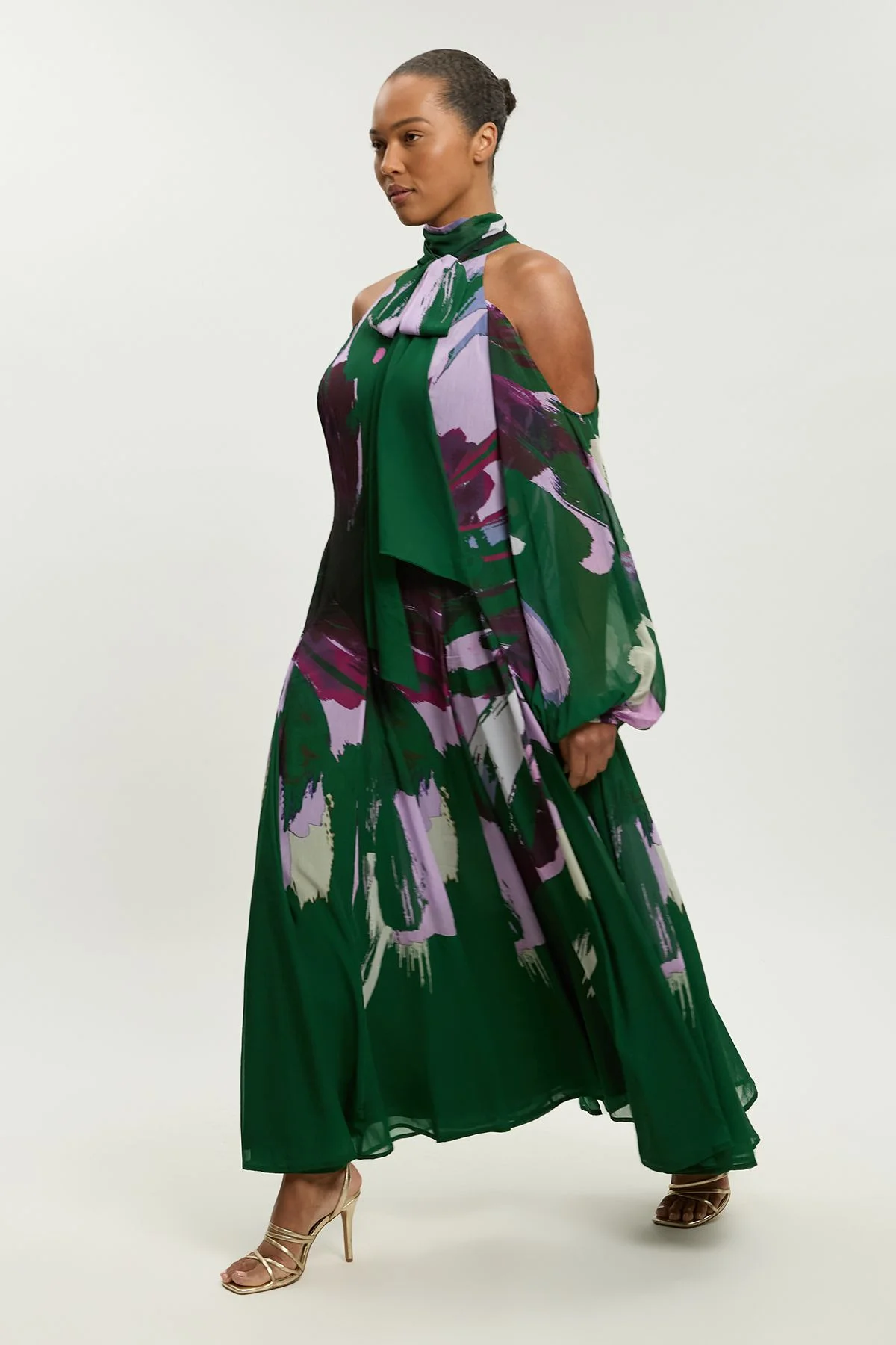 Plus Size Photographic Floral Crinkle Georgette High Neck Cold Shoulder Woven Maxi Dress - 1