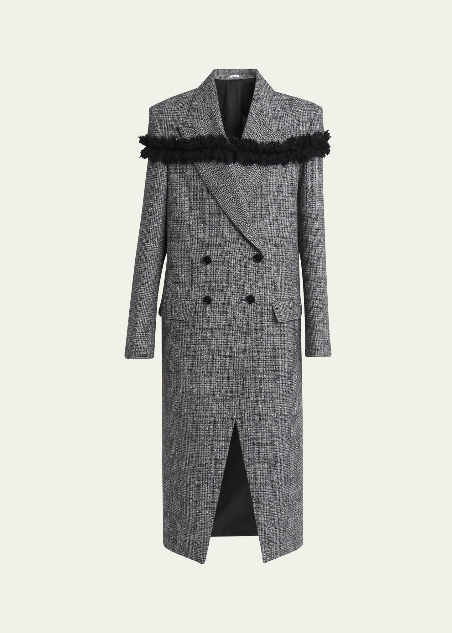 Ruffle Paillette Check Tweed Double-Breasted Long Coat - 1