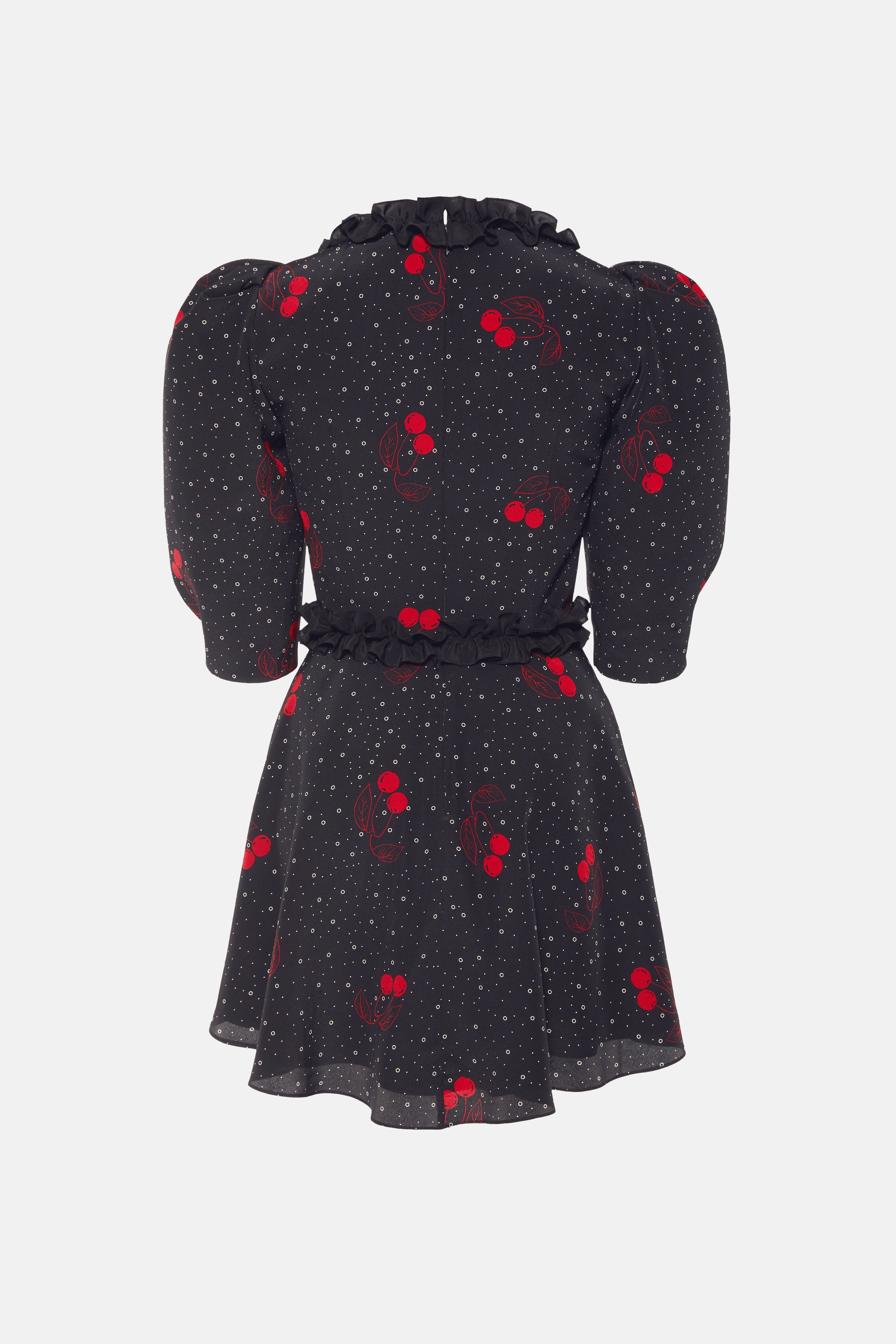 CHERRY PRINT SILK MINI DRESS WITH RUFFLE DETAILS - 2