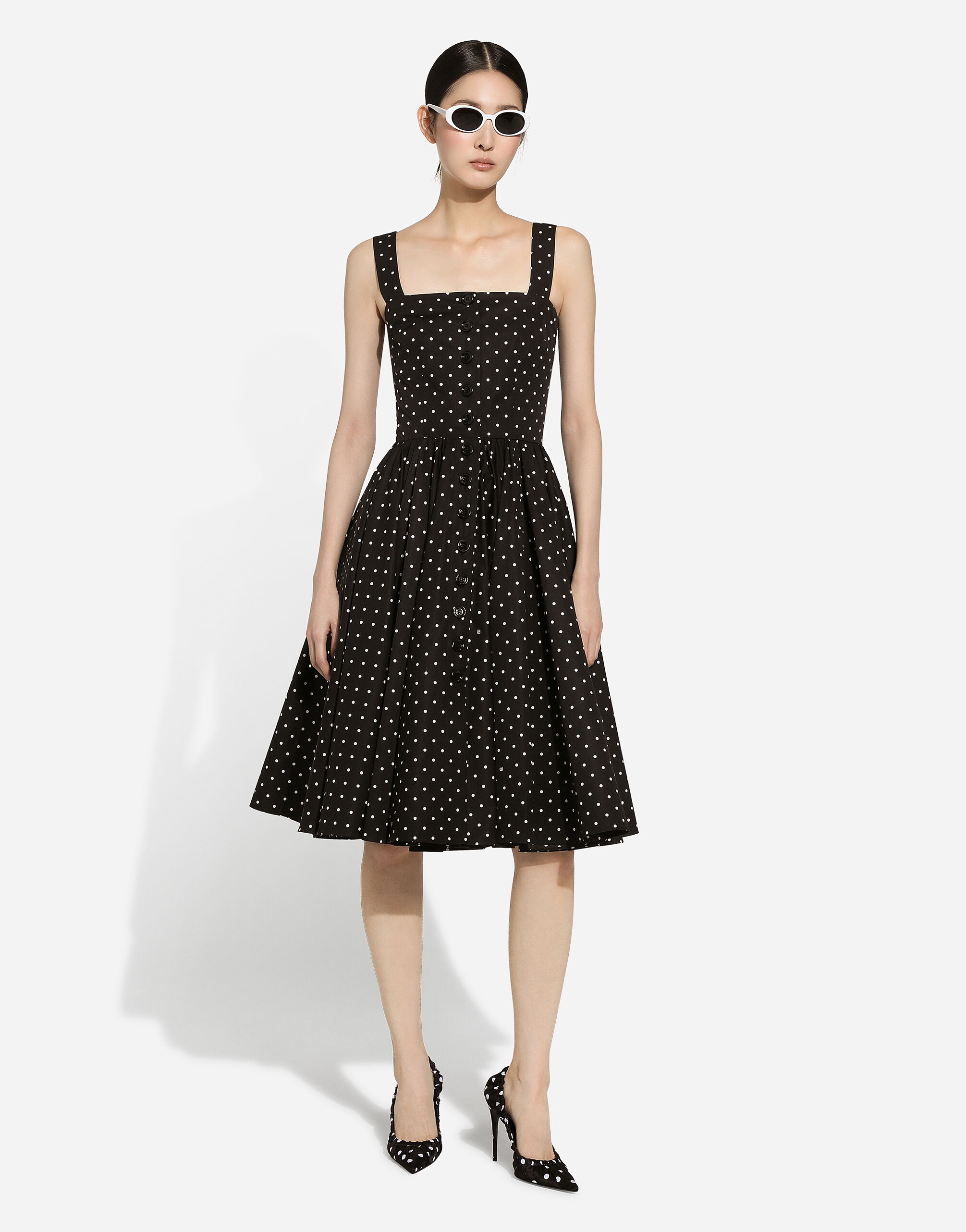 Calf-length cotton dress with polka-dot print - 2