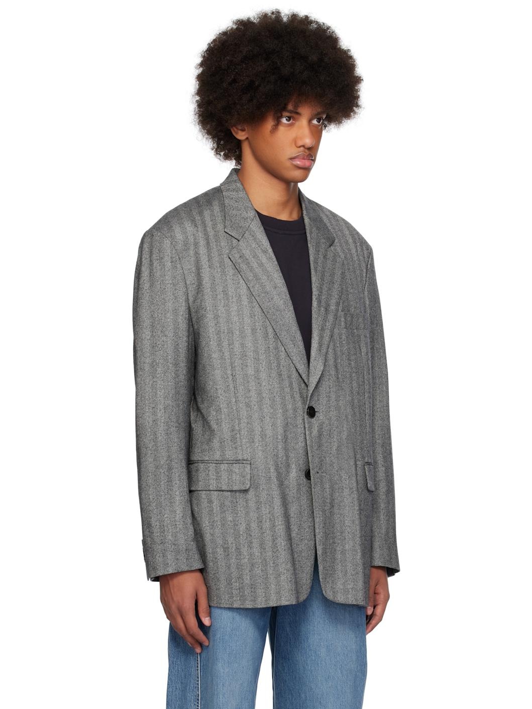 Gray Herringbone Wool Single Blazer - 2