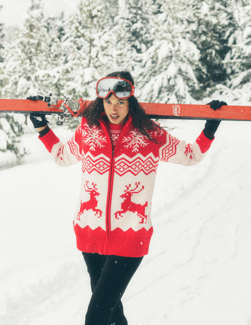 Zip Up Jacquard Cardigan-Poppy Red Reindeer 8