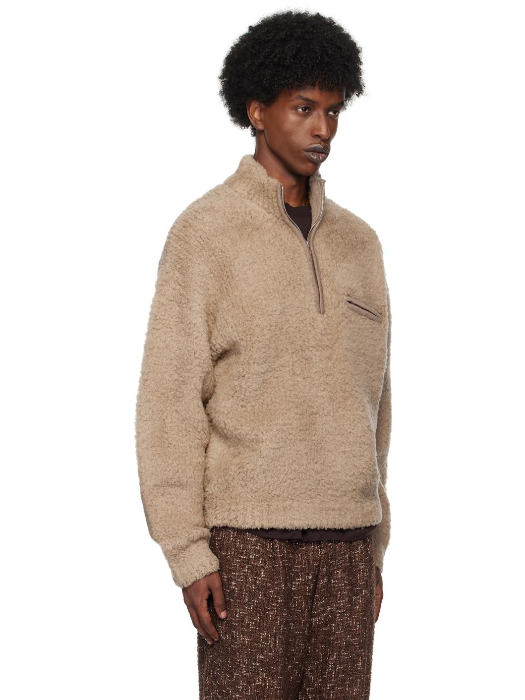 Beige Merino Wool Boa Knit Half Zip Sweater - 2