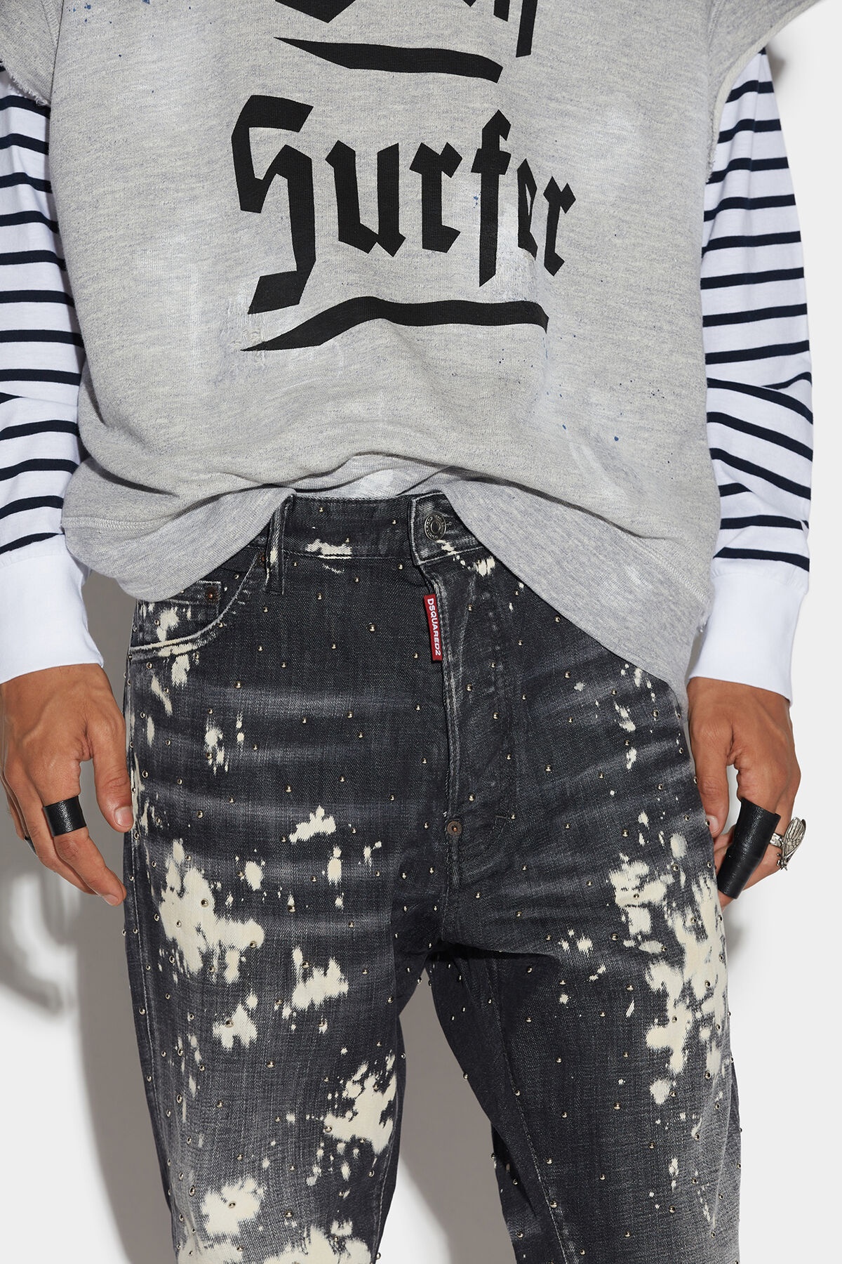 BLACK BLEACHED STUDS WASH RELAX LONG CROTCH JEANS - 3