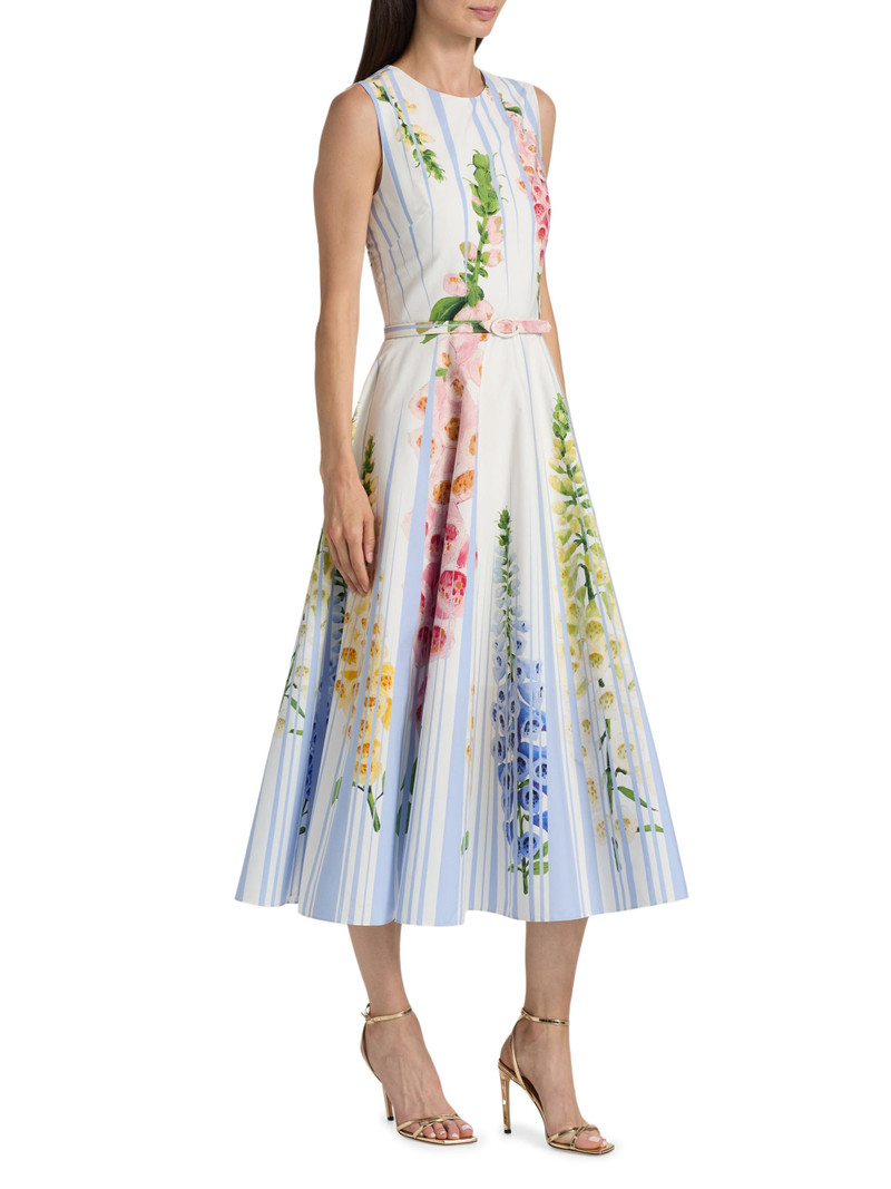 Women's Pleated Foxgloves-Print Cotton Poplin Midi-Dress - Light Blue Mult 4