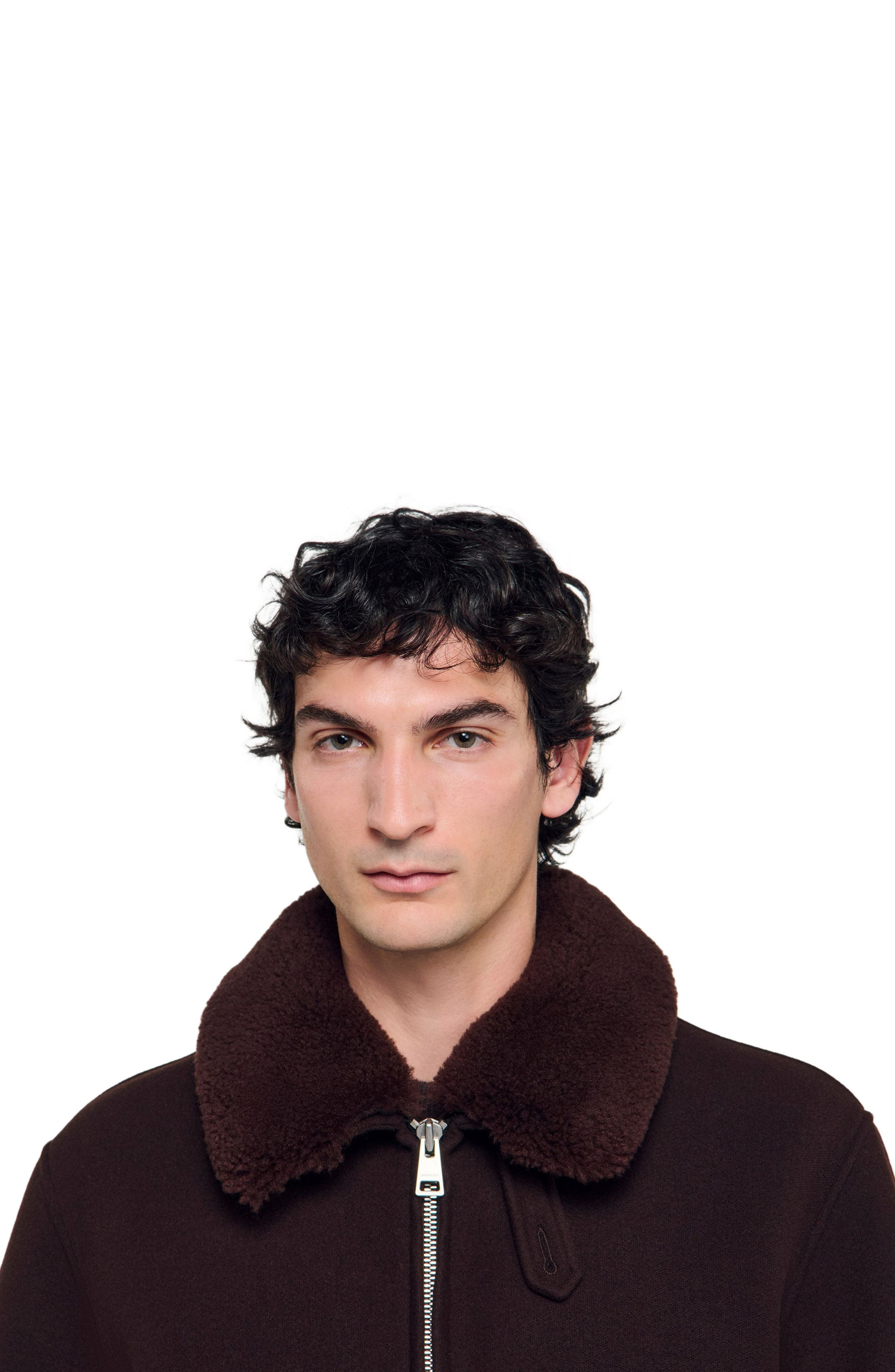 SANDRO Wool aviator jacket with shearling in Chocolate at Nordstrom - 4