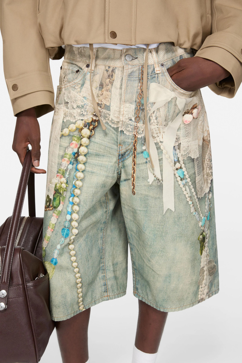Denim shorts - loose fit - White/green 4