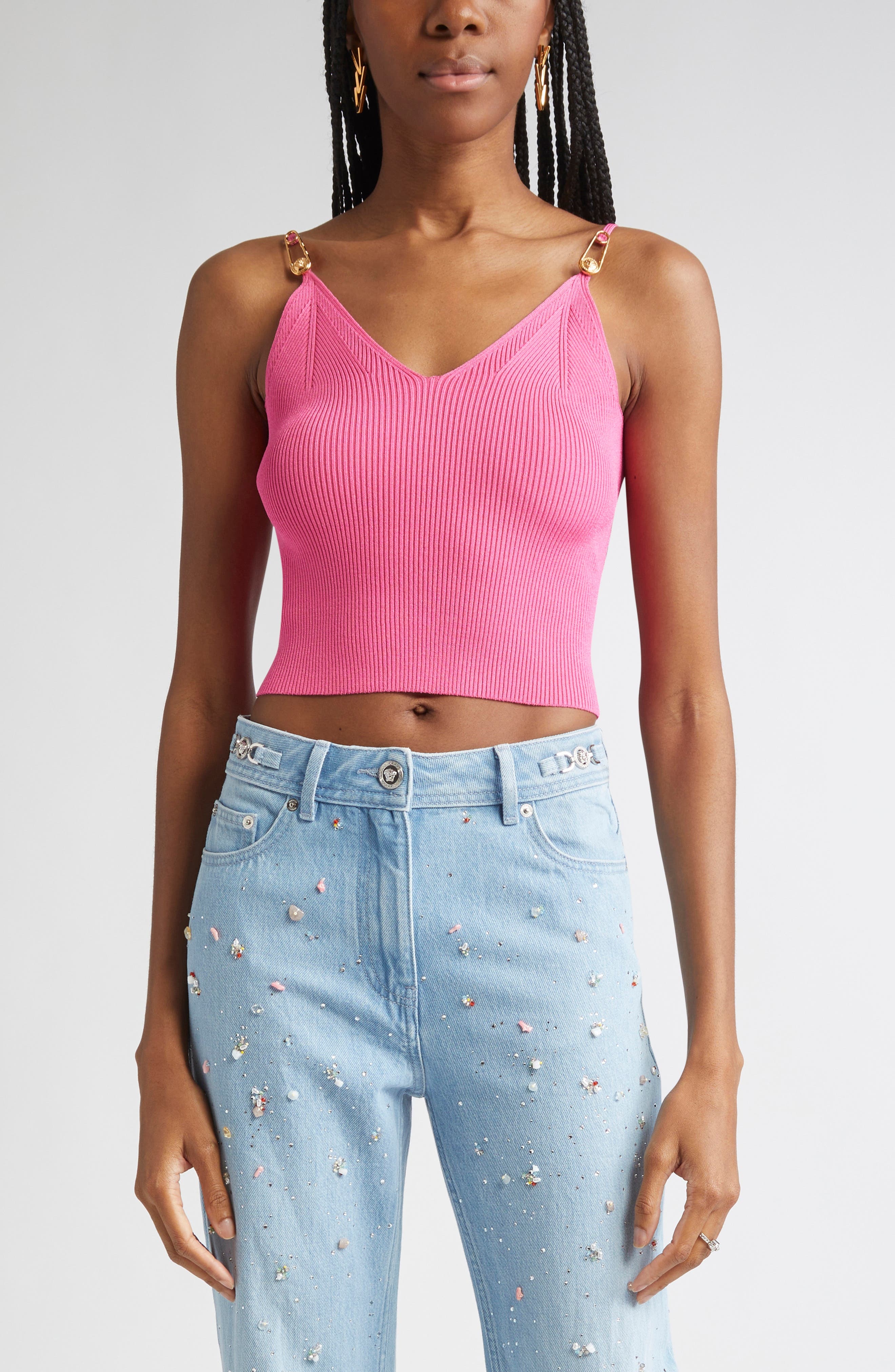 Versace Safety Pin Rib Crop Top in Dragon Fruit at Nordstrom - 1