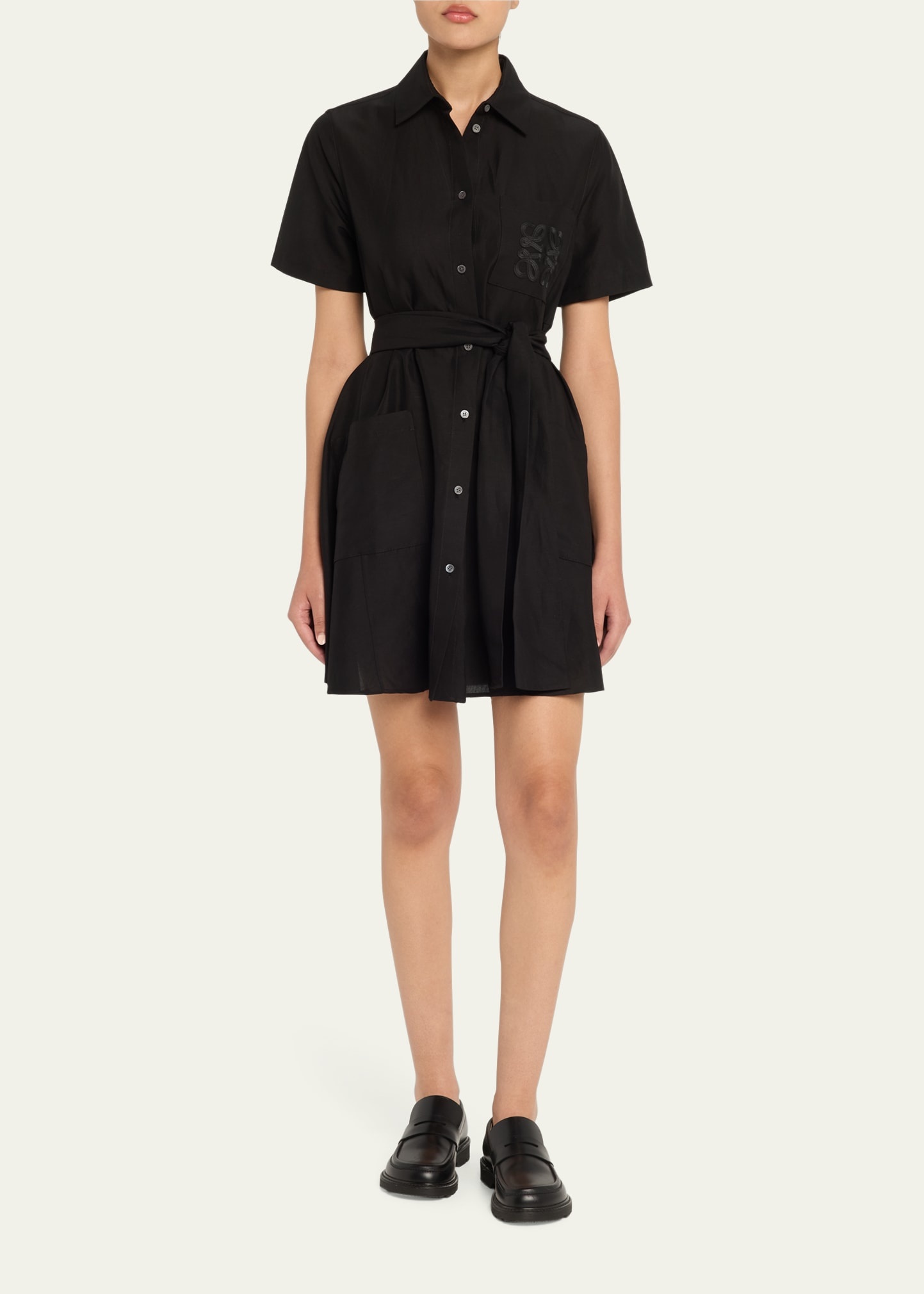 Anagram Pocket Short-Sleeve Belted Mini Shirtdress - 2