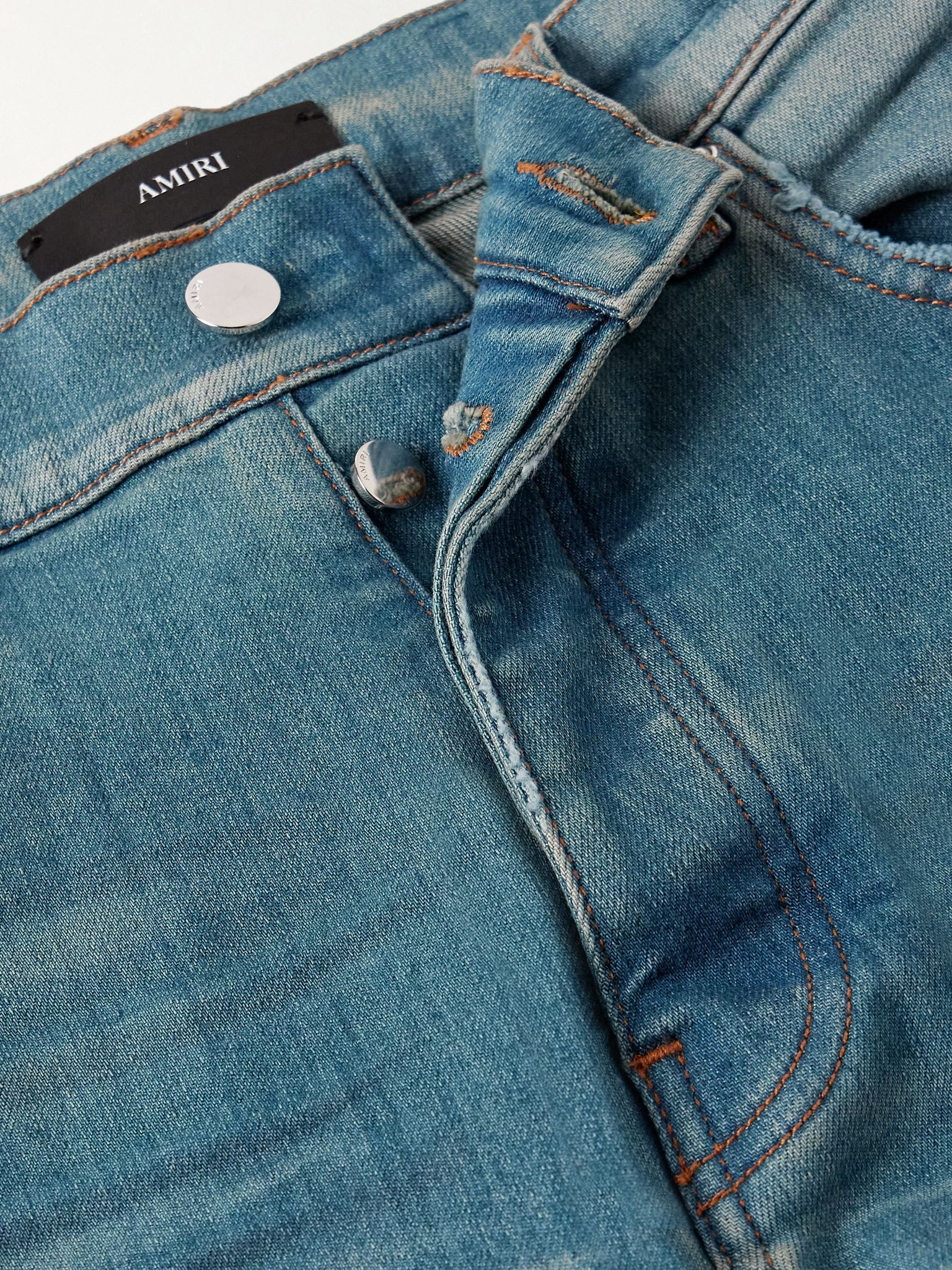 Hollywood Skinny-Fit Logo-Flocked Distressed Jeans Blue - 6