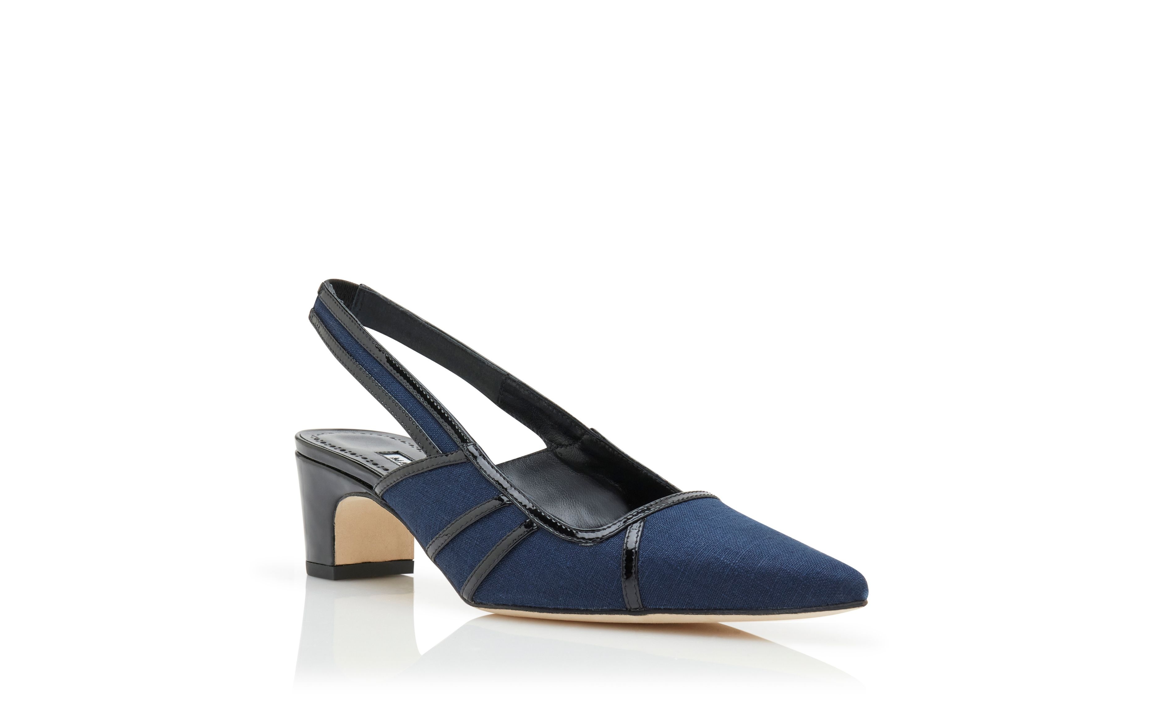 Navy Blue and Black Linen Geometric Slingback Pumps - 3