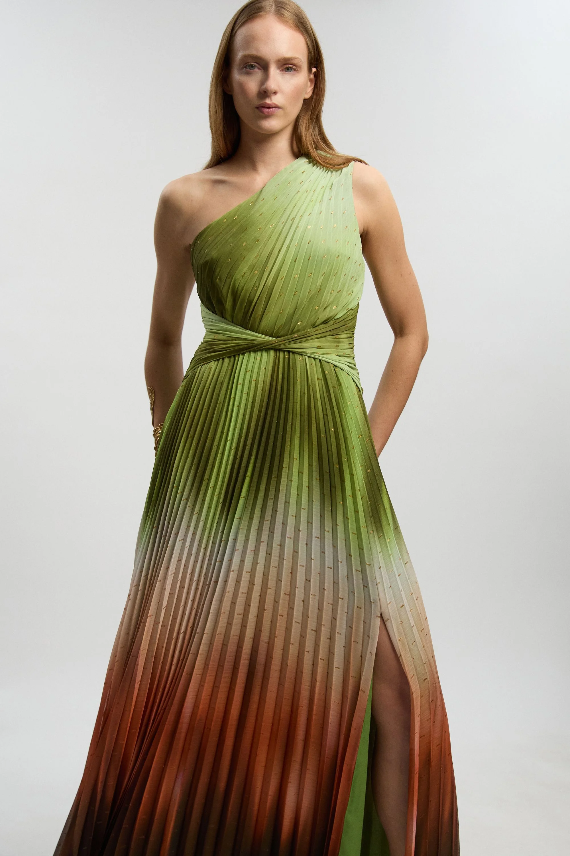 Petite Metallic Thread Ombre Print One Shoulder Woven Maxi Dress - 1