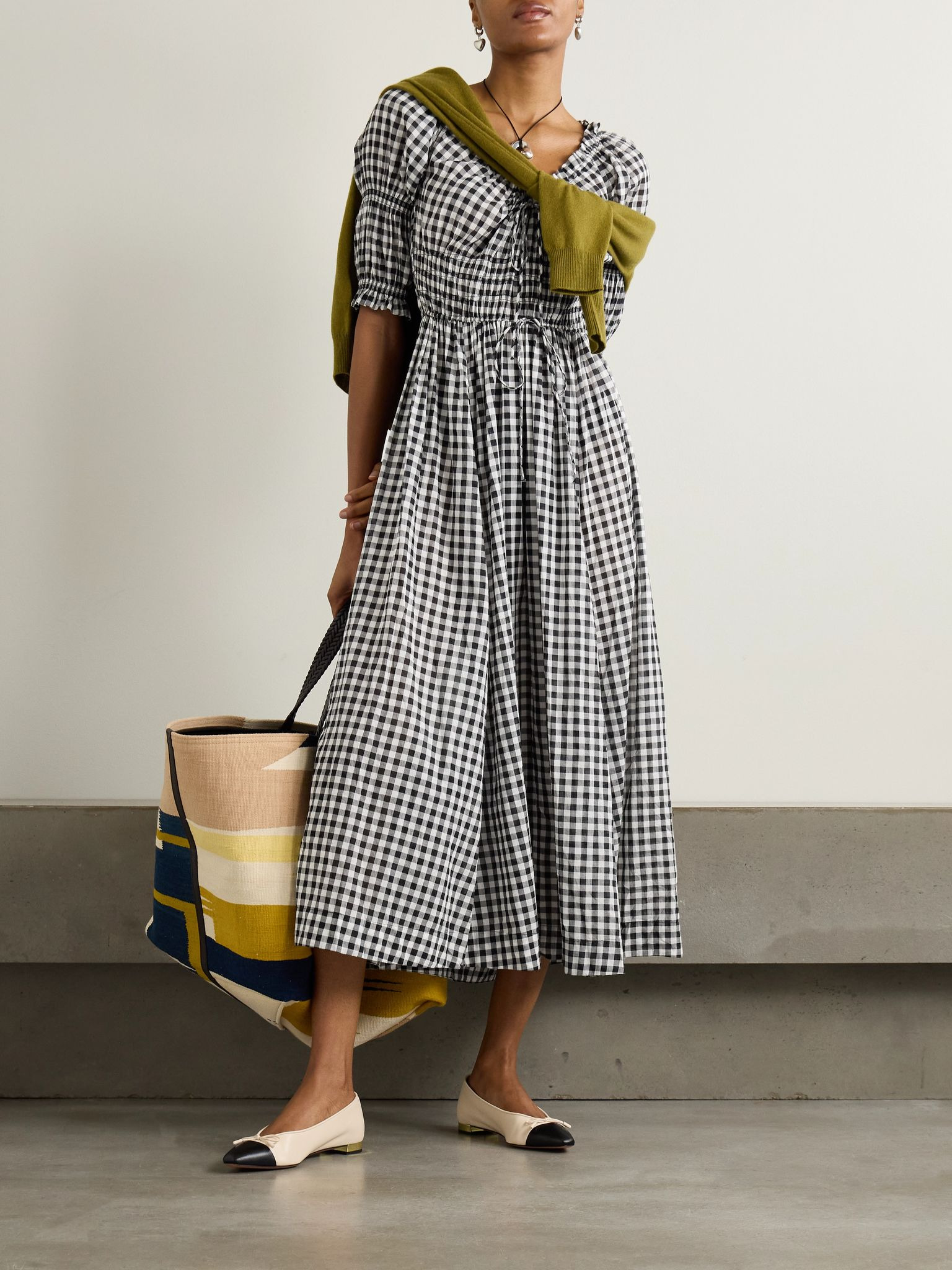 Ischia shirred gingham cotton-voile midi dress Black - 2
