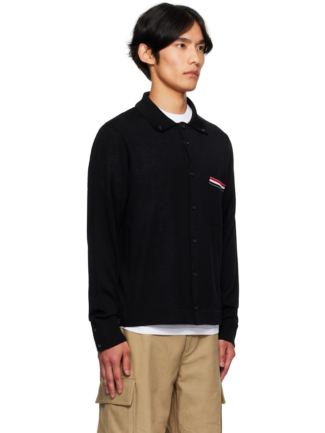 Black Merino Wool Jersey Stitch Long Sleeve Shirt - 2