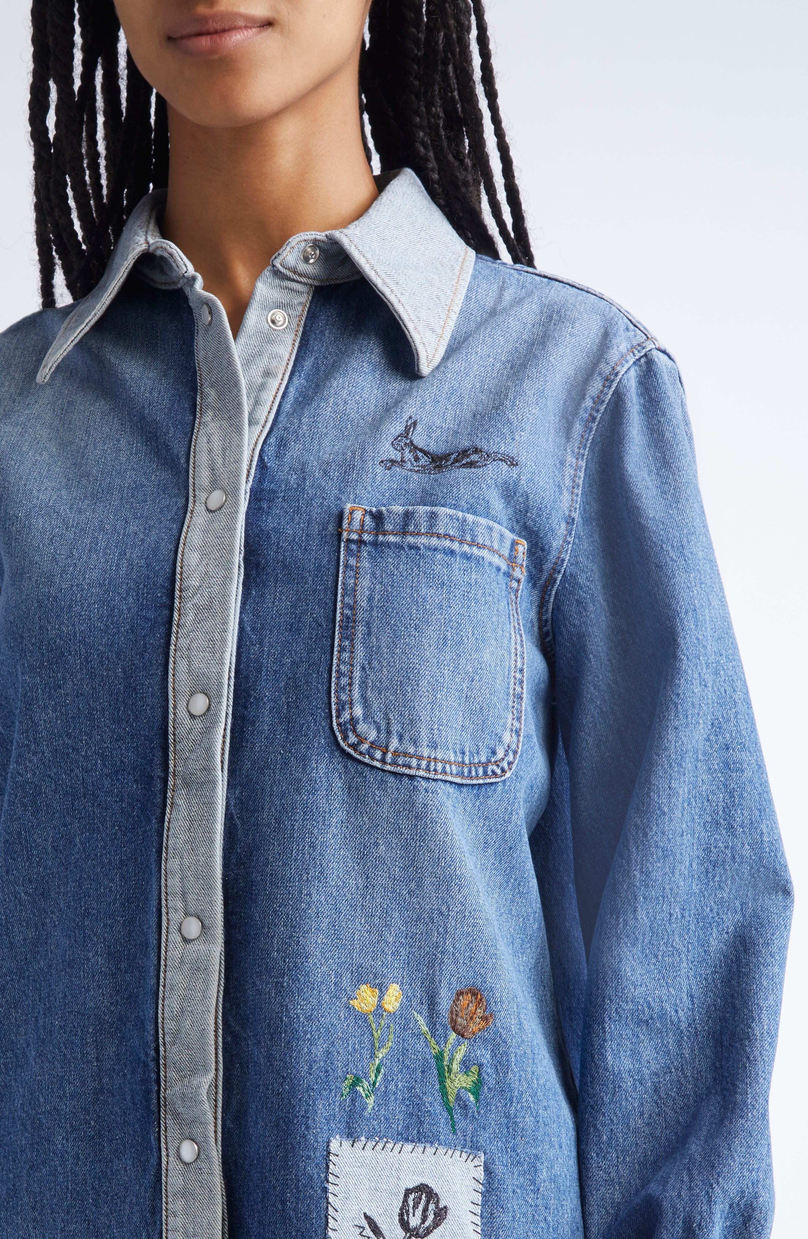 Marni Embroidered Denim Pearl Snap Shirt in 00B52 Azure at Nordstrom - 4