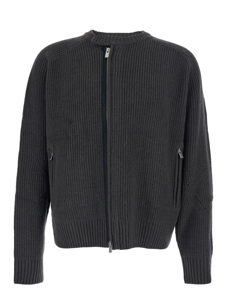 Tonywack Grey Crew Neck Cardigan With Ribbed Design In Wool Man - 1